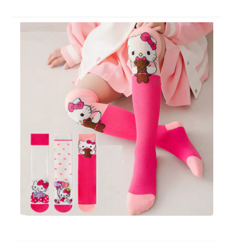 3 Pairs Girls Over Knee Socks – Cartoon Anime Cat Pattern Cotton Socks, Spring Summer Soft Comfortable Casual Long Socks for Kids