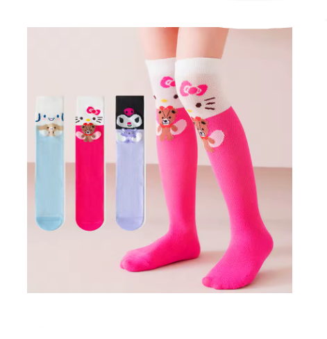 3 Pairs Girls Over Knee Socks – Cartoon Anime Cat Pattern Cotton Socks, Spring Summer Soft Comfortable Casual Long Socks for Kids