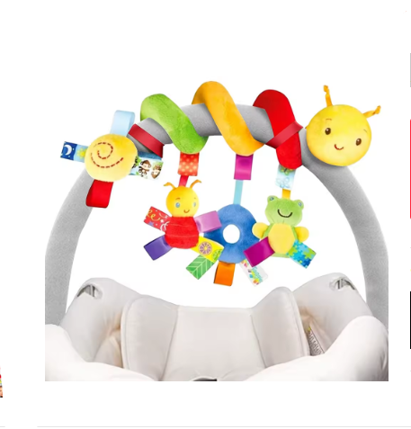 Baby Hanging Car Seat & Stroller Toy – Plush Activity Spiral with BB Squeaker & Rattle, Sensory Travel Toy for Newborns & Infants