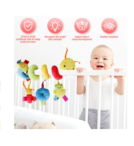 Baby Hanging Car Seat & Stroller Toy – Plush Activity Spiral with BB Squeaker & Rattle, Sensory Travel Toy for Newborns & Infants