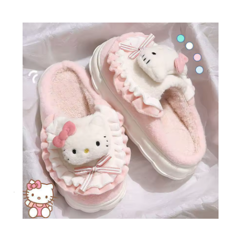 Sanrio Cartoon Cotton Slippers – Cute Winter Indoor Home Slippers with Thick Sole, Warm Plush House Shoes for Women & Girls