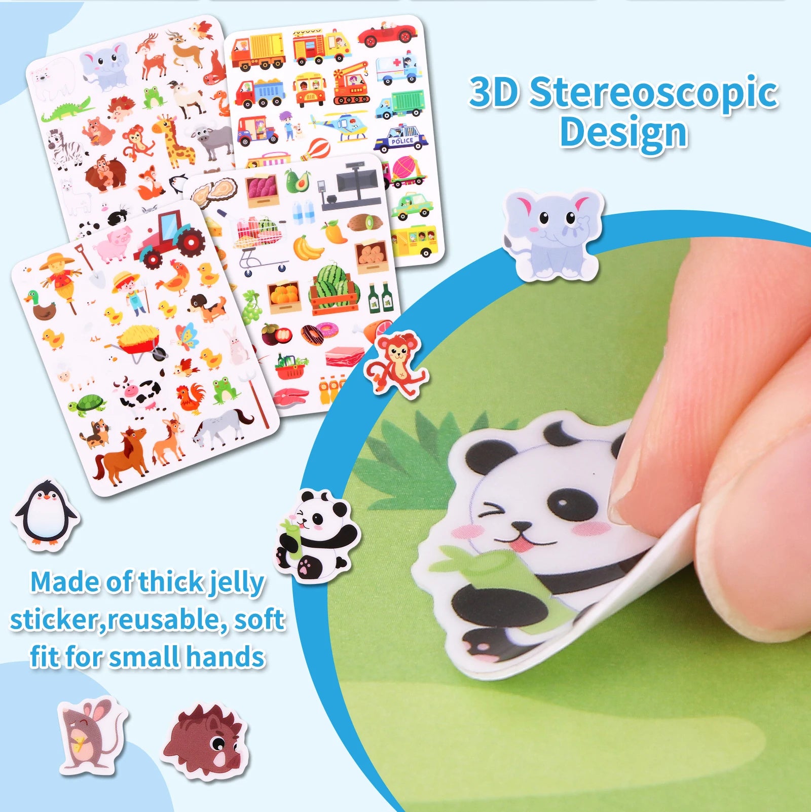 Reusable Sticker Book for Toddlers 3-6, Jelly Sticker Books for Toddler, Travel Sticker Activity Toys for Kids 3 4 5 6 Years Old Girls & Boys