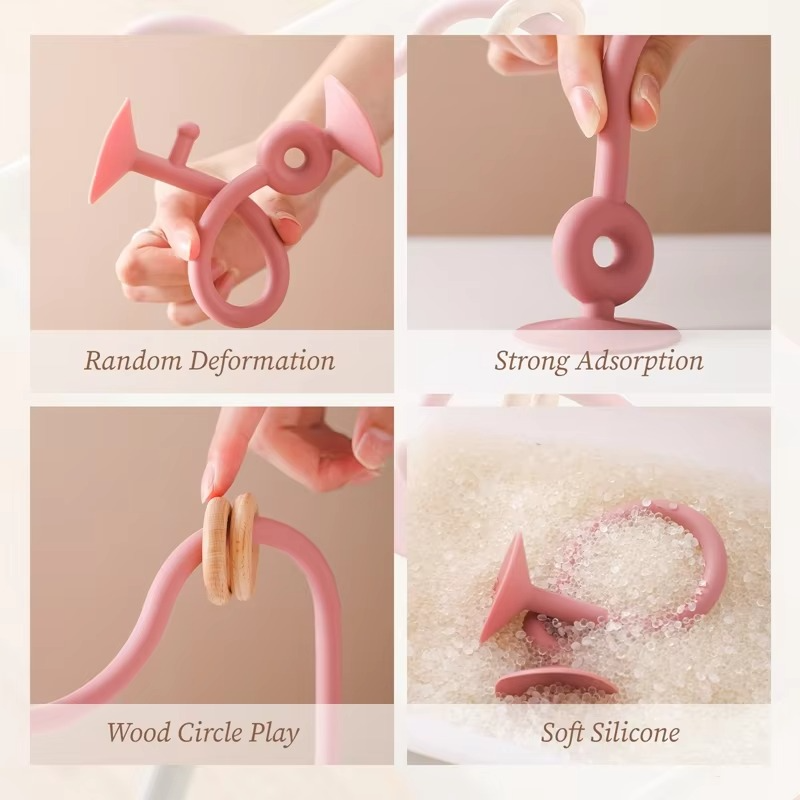High Chair Suction Toy for High Chair Trays, Baby Suction Cup Toy with Large Suction Base, Food Grade Silicone and Wooden Rings, Sensory Toy 6-12 Months