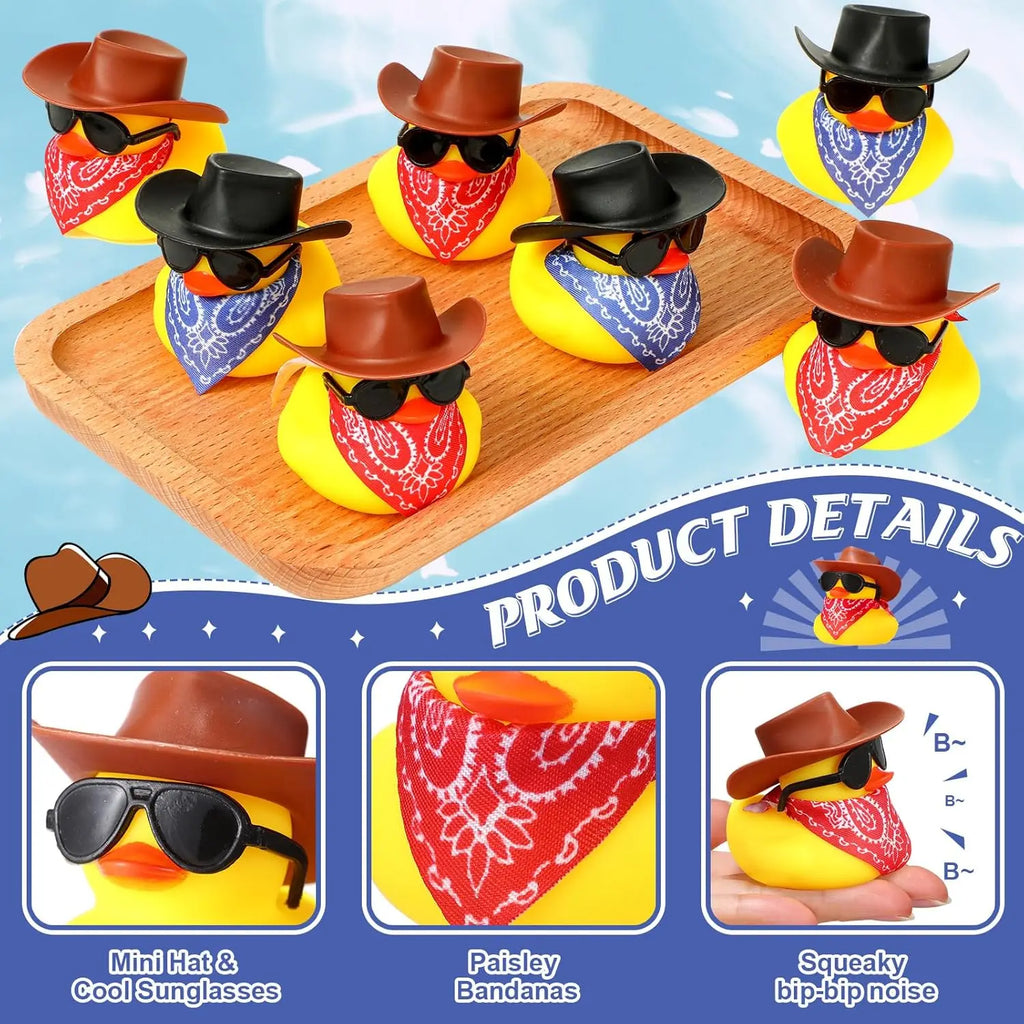 Cowboy Rubber Duck Mini Yellow Duckies Tiny Ducks Party Toys with Mini Cowboy Hat Paisley Bandana, Sunglasses for Baby Shower Birthday Gift Swimming Party Favor(Classic Style)