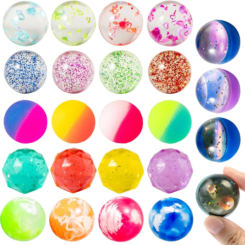 24 PCS Multistyle Bouncy Balls, 6 Styles 32mm Assorted Bouncy Balls Bulk with Storage Bag, Bounce Toys for Kids Party Favors Birthdays Gifts Goodie Bags Stuffers Carnival Prizes