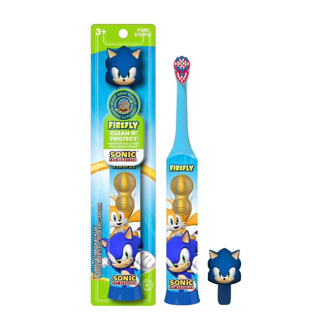 Clean N' Protect, Sonic The Hedgehog Toothbrush with 3D hygienic Cover, Premium Soft Bristles, Anti-Slip Grip Handle, Battery Included, Ages 3+, 3 Piece Set