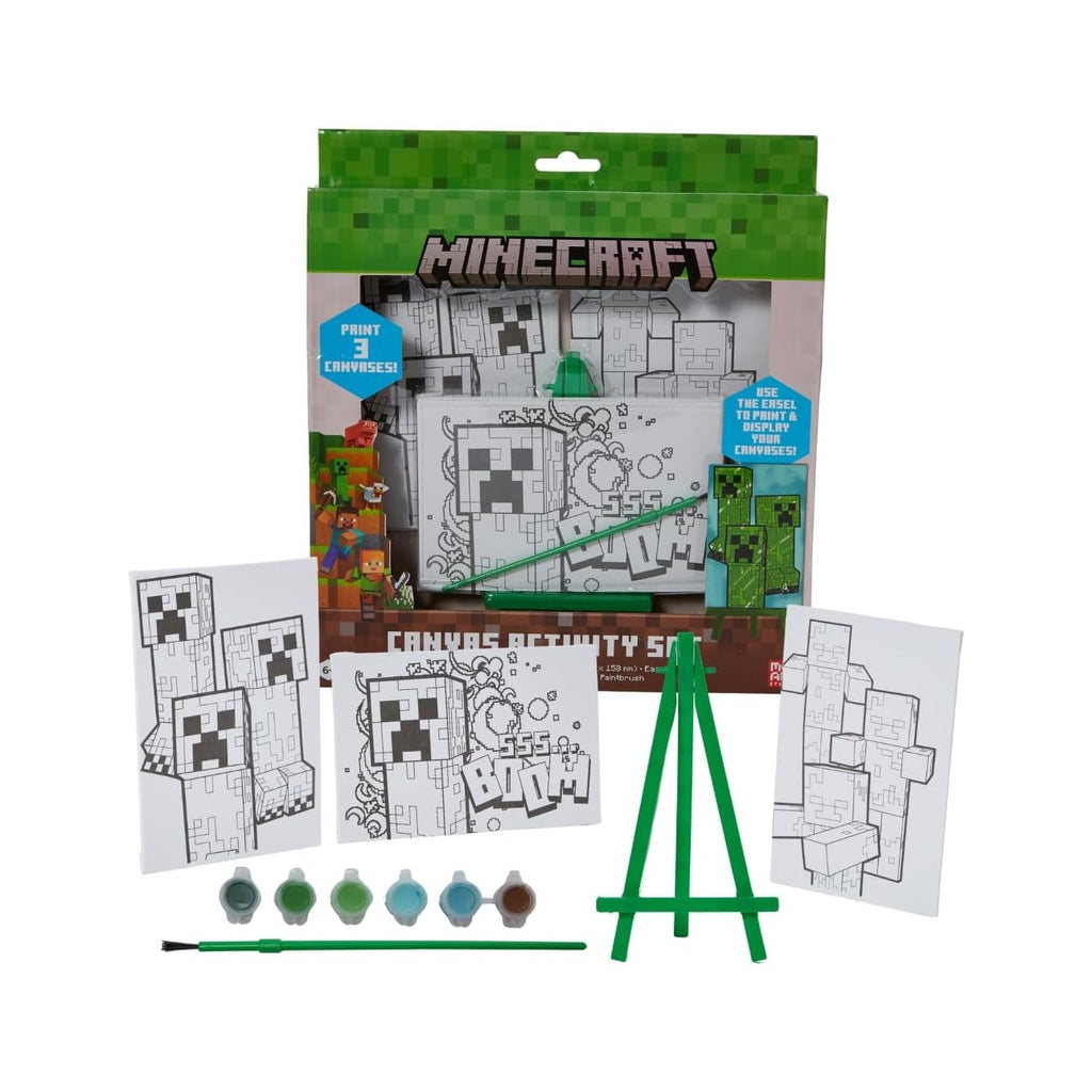 Minecraft Canvas Paint Set for Kids with 3 Canvases, Acrylic Paint, Paintbrush, & Easel