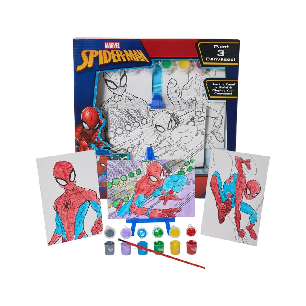 Marvel Spiderman Canvas Paint Set for Kids with 3 Canvases, Acrylic Paint, Paintbrush, & Easel