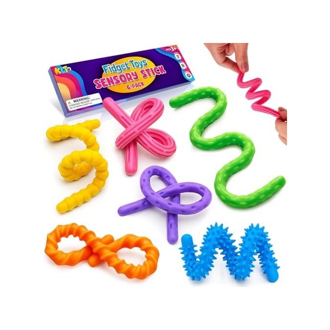 Sensory Fidget Toys for Kids: 6 Pack Textured Silicone Fidget Stick for Stress Anxiety Autistic ADHD, Quiet Desk Fidgets for Classroom, Sensory Toys for Autism, Egg Filler Easter Basket Stuffers