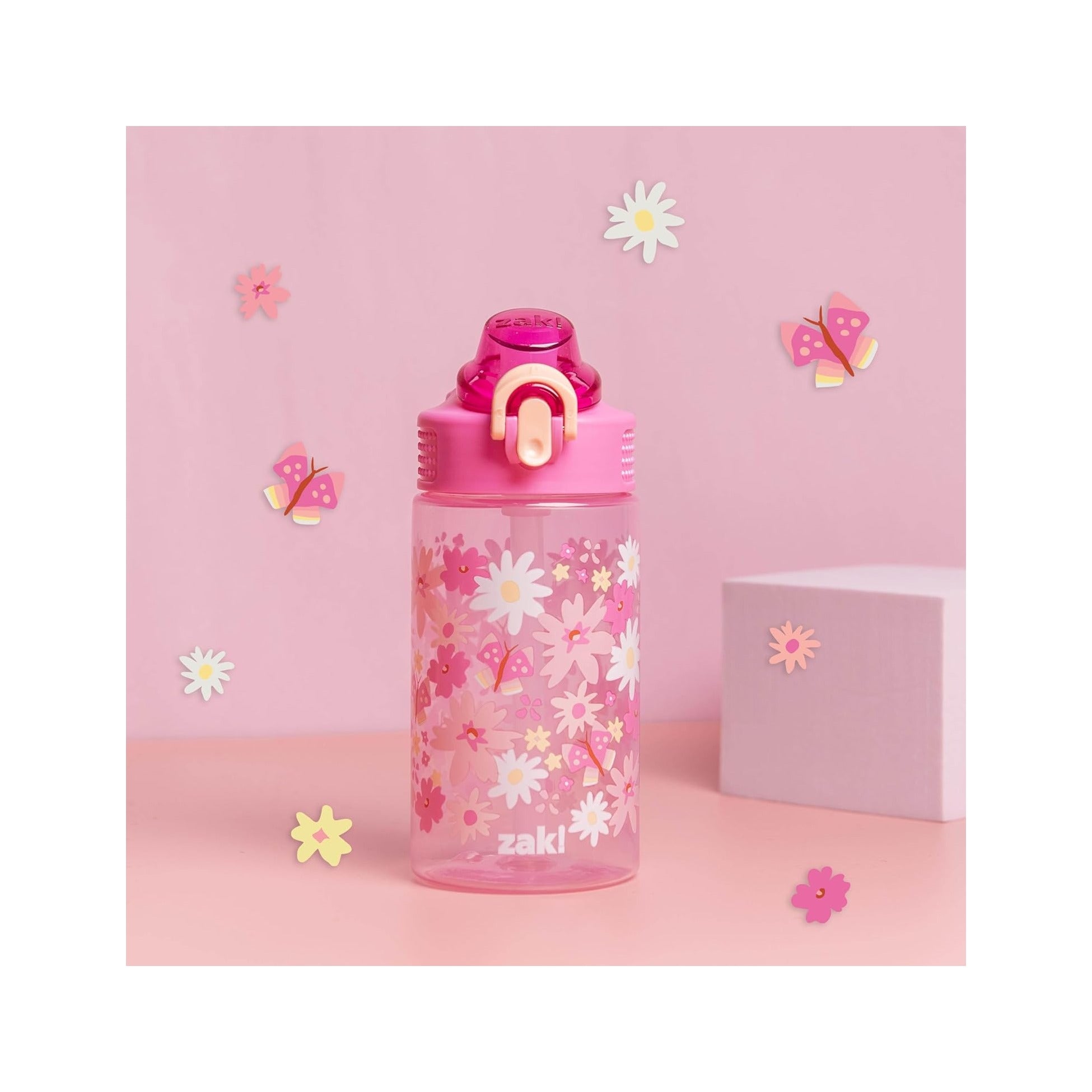 Water Bottle For School or Travel, 16oz Durable Plastic Water Bottle With Straw, Handle, and Leak-Proof, Pop-Up Spout Cover (Flower Power)