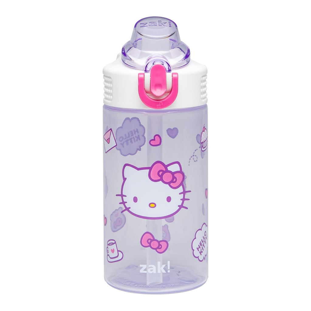 Sanrio Sage Kids Water Bottle For School or Travel, 16oz Durable Plastic Water Bottle With Straw, Handle, and Leak-Proof, Pop-Up Spout Cover (Hello Kitty)