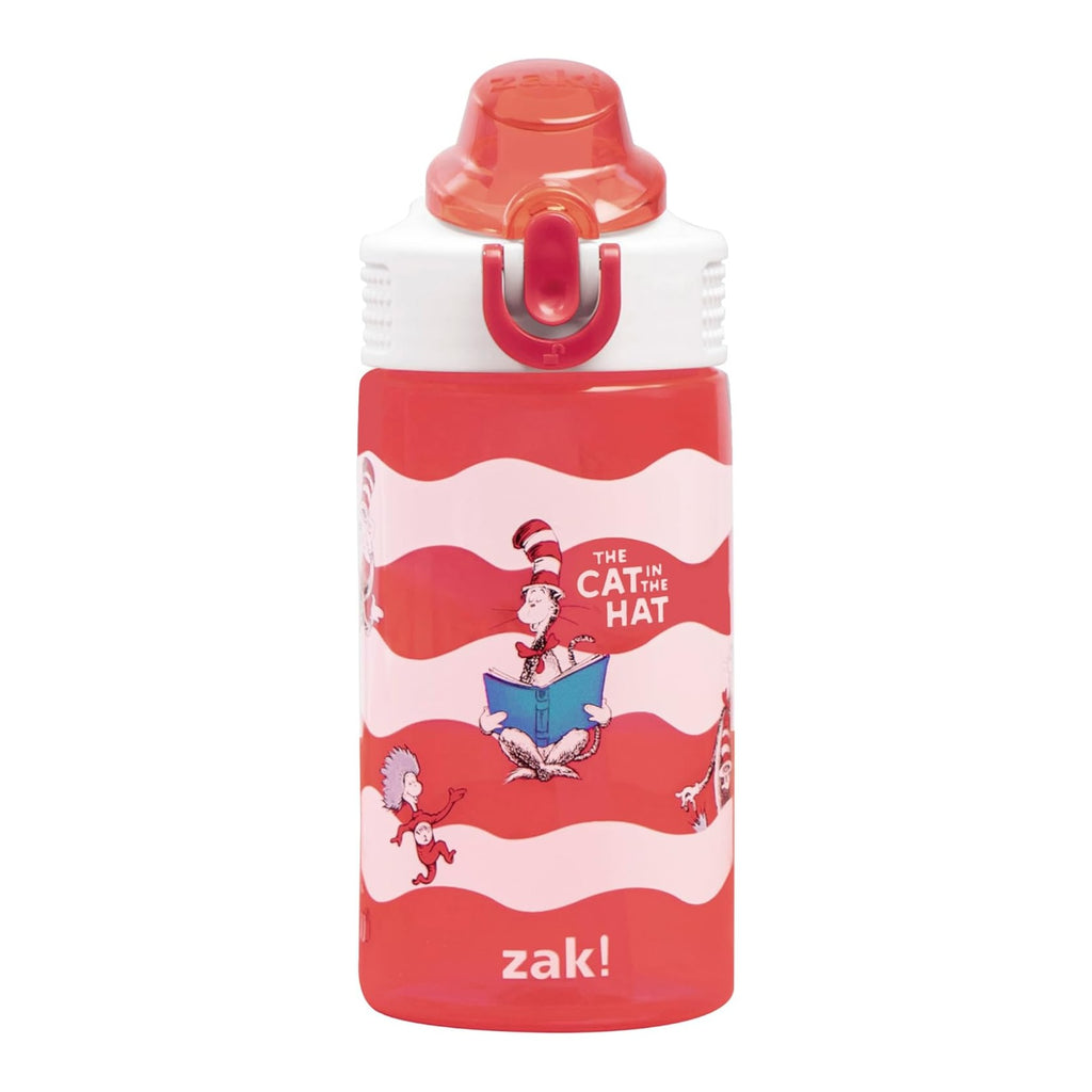 Dr. Seuss Sage Kids Water Bottle For School or Travel, 16oz Durable Plastic Water Bottle With Straw, Handle, and Leak-Proof, Pop-Up Spout Cover (The Cat in the Hat)