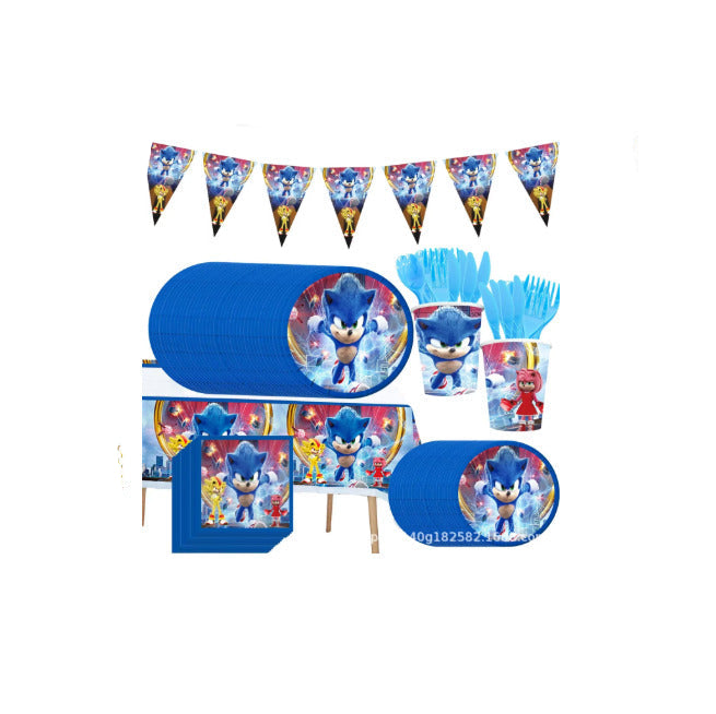 New Sonic the Hedgehog Birthday Party Decorations Set – Action Figure Toy with Paper Plates, Cups, Napkins, Tablecloth, Knife & Fork, Kids Party Supplies & Gifts