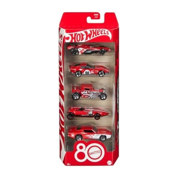 Toy Cars, 5-Pack of 1:64 Scale Toy Cars with Collectible Deco & Packaging, Core Mattel 80th Anniversary Set of 5 Vehicles
