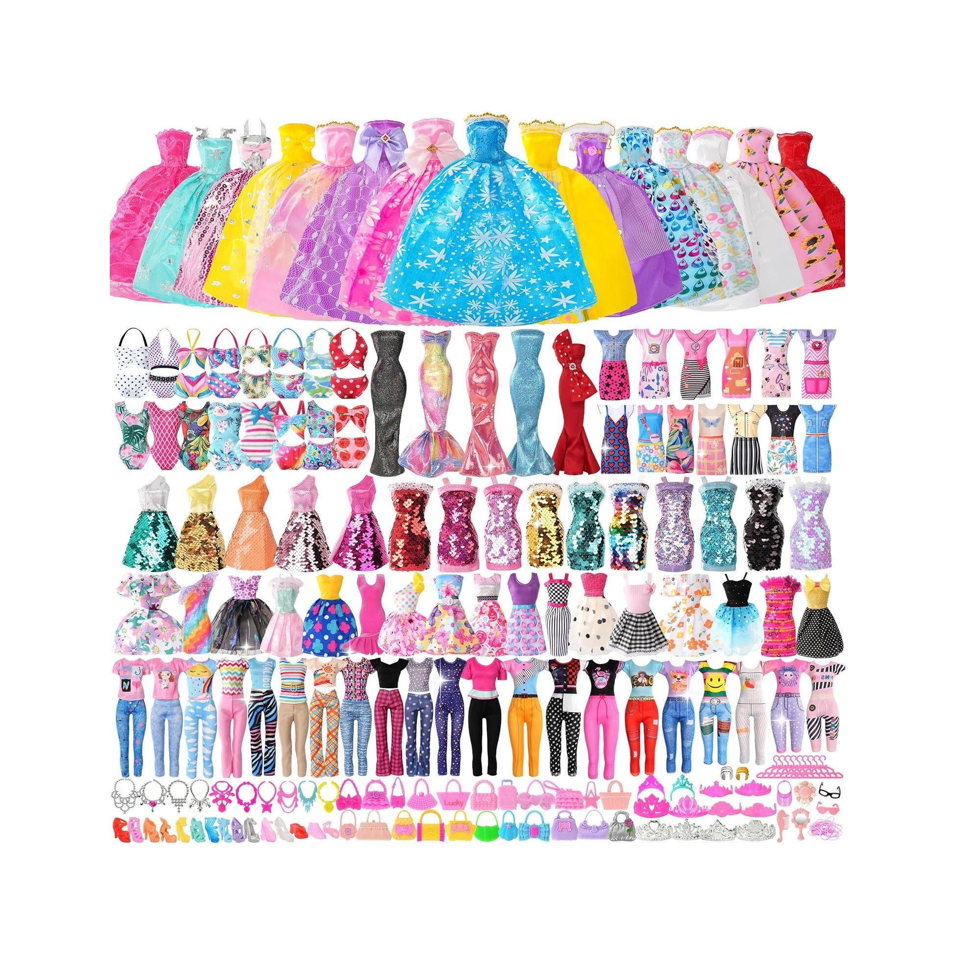 120Pcs Doll Clothes and Accessories, 5 Wedding Gowns 21 Dresses Including Evening Gowns, Fish Scale Skirts, Fashion Dresses, Swimsuits, Shoes, Hangers for Christmas Stocking Stuffers Girls Gift Age 3+