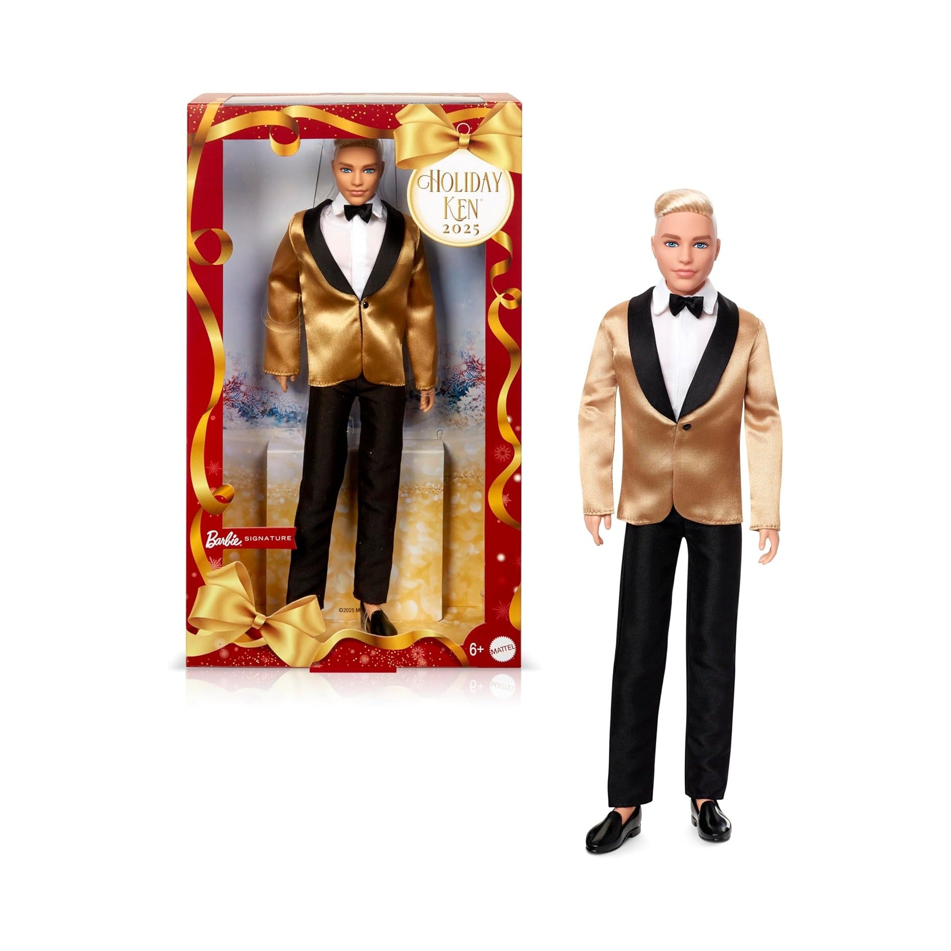 ignature 2025 Holiday Blonde Ken Collectible Fashion Doll Wearing Full Suit with Golden Jacket in Displayable Packaging & Doll Stand