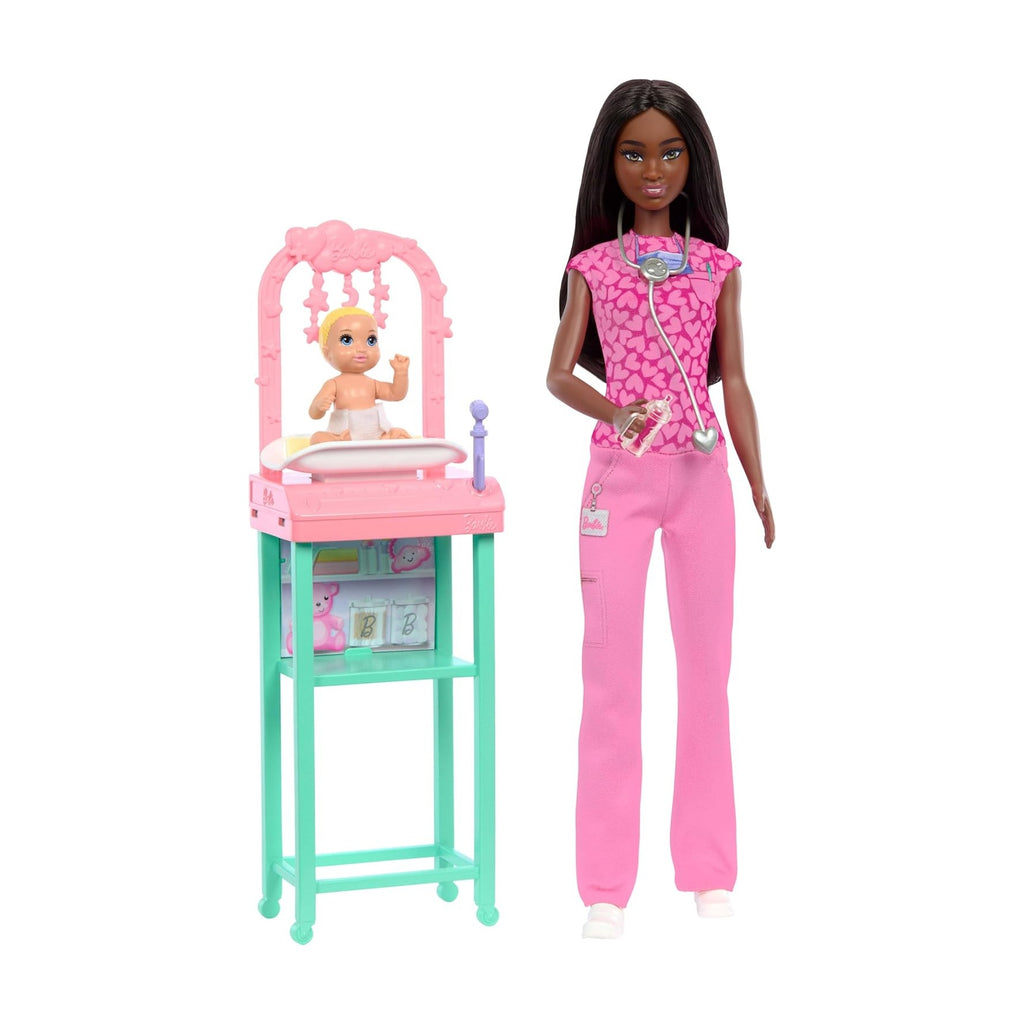 Baby Doctor Playset with Brunette Fashion Doll Wearing Pink Scrubs, Baby Doll, Furniture & Accessories
