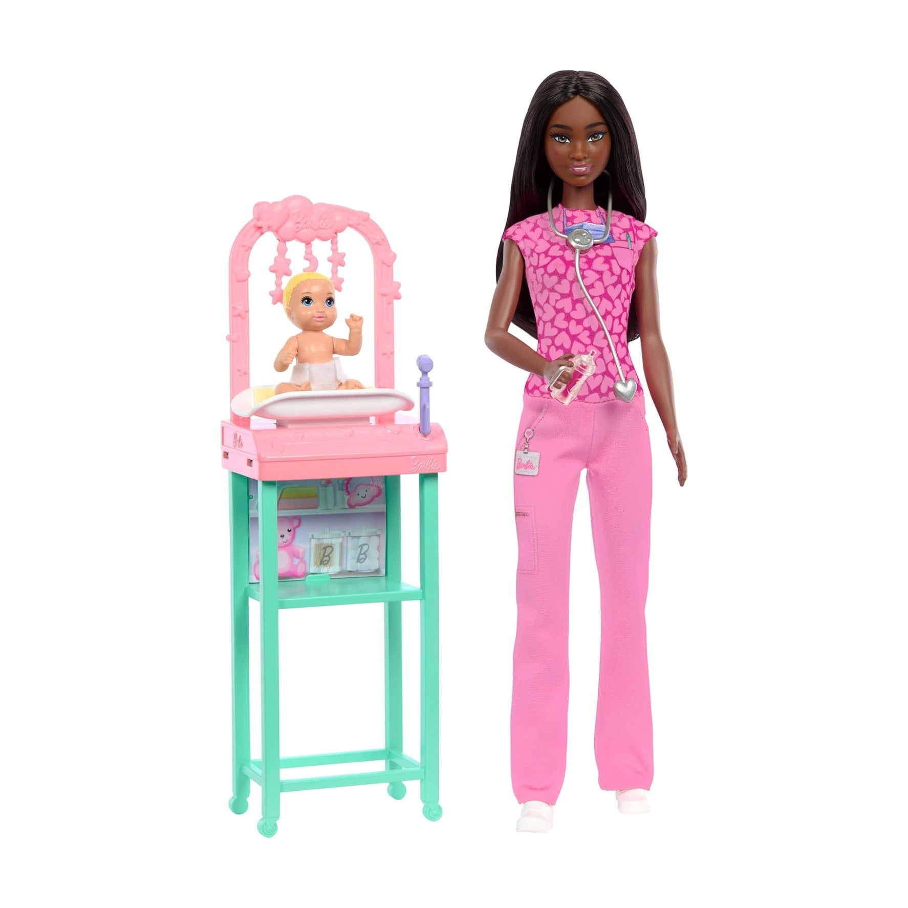 Baby Doctor Playset with Brunette Fashion Doll Wearing Pink Scrubs, Baby Doll, Furniture & Accessories
