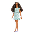 Fashionistas Doll #240 with Wavy Dark Brown Hair Wearing Minty Green Ruffled Gingham Dress, Sunglasses and Lavender Heels Accessories