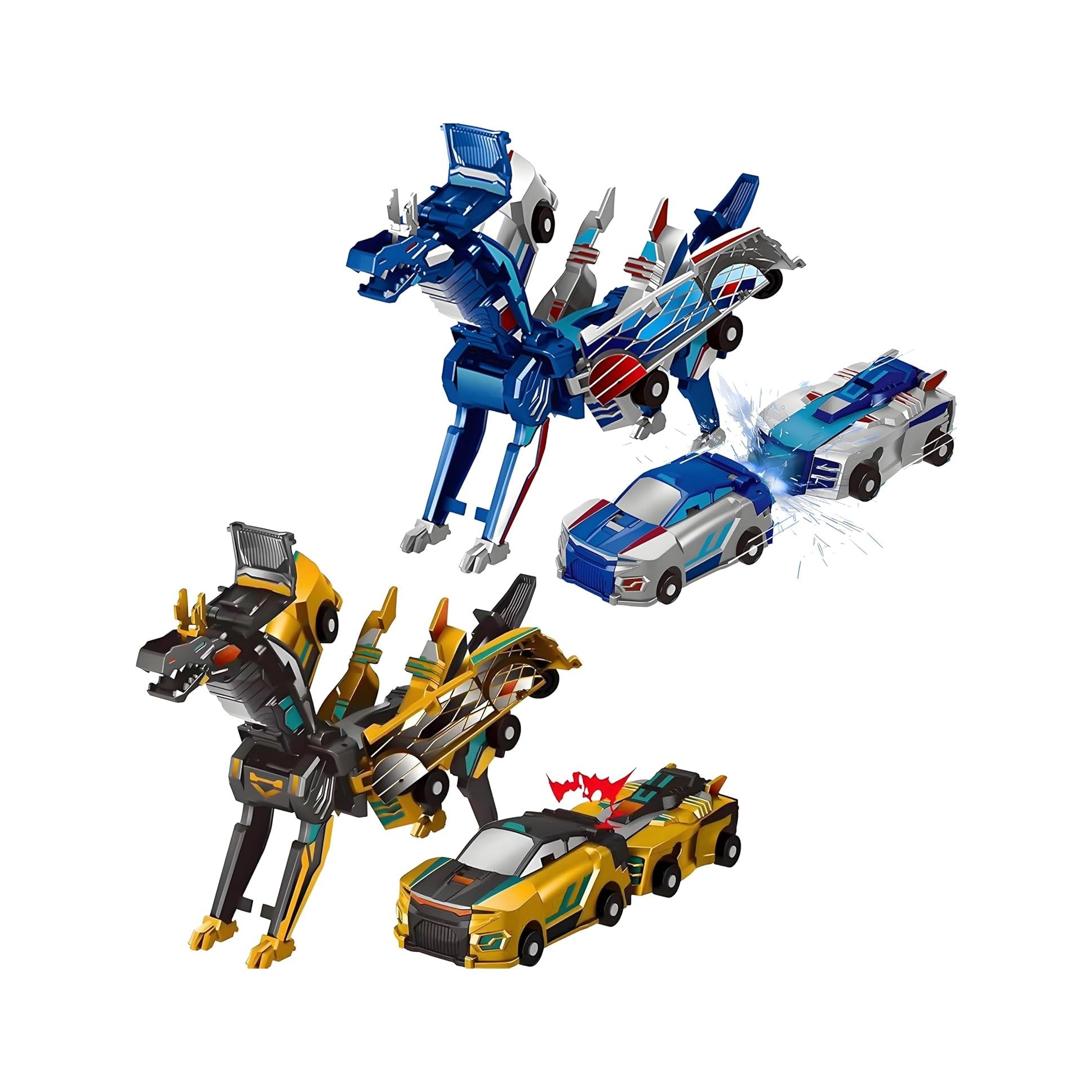 Magnetic Dinosaur Car Toy - 2 in 1 Crash & Transform Vehicle to Dino, No Battery Needed for Kids Age 3-12, Birthday Gift (Gold Blue)