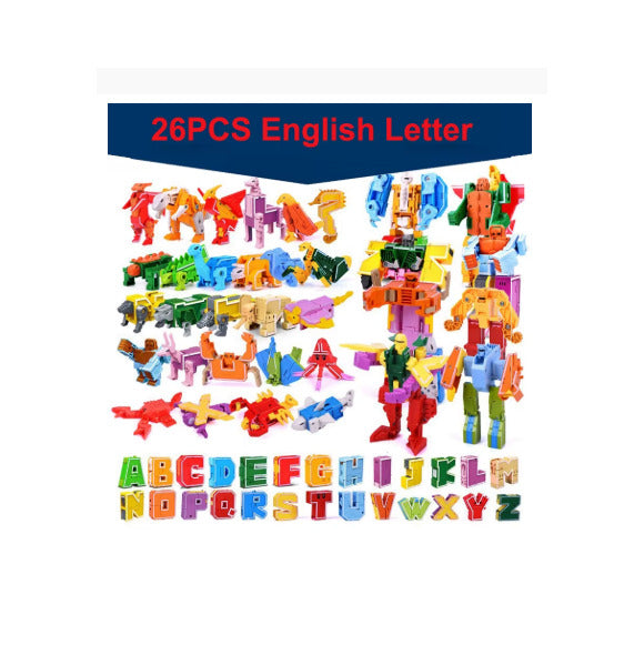 GUDI 26PCS A–Z Alphabet Transformation Robot Dinosaur Building Blocks – English Letter Learning Set, Deformation Animal Action Figures, Educational STEM Toy for Kids