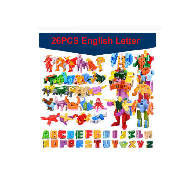 GUDI 26PCS A–Z Alphabet Transformation Robot Dinosaur Building Blocks – English Letter Learning Set, Deformation Animal Action Figures, Educational STEM Toy for Kids