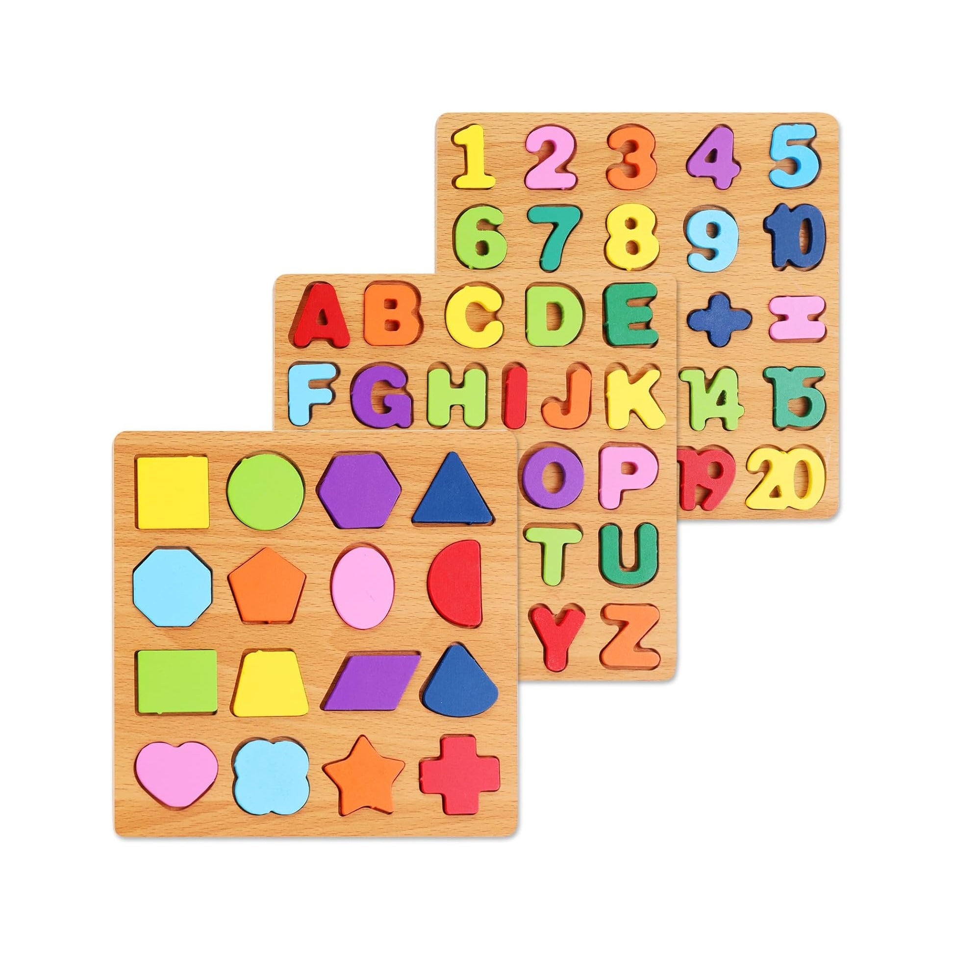 Alphabet Wooden Puzzles for Toddlers 3-5, Pack of 3 ABC, Number and Shape Puzzle, Preschool Educational Learning Toys with Puzzle Board & Letter Blocks for Girls Boys Ages 3 4 5 Years Old