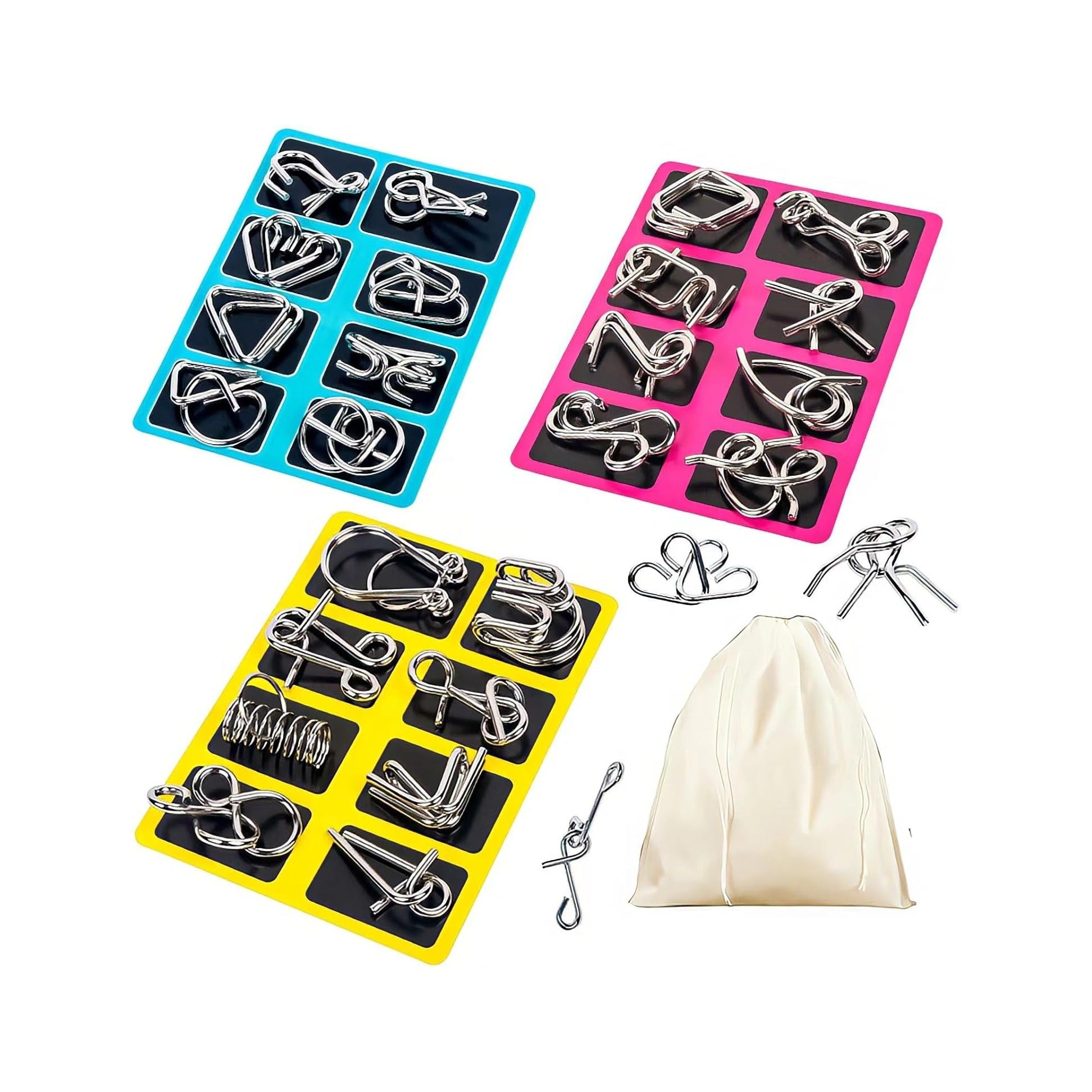 Metal Wire Puzzle Set of 24 with Pouch,Brain Teaser IQ Test Disentanglemen Iron Link Unlock Interlock Game Chinese Ring Magic Trick Toy for Party Favor Kids Adults Challenge