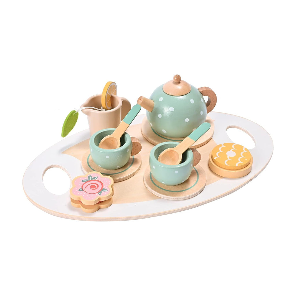 Wooden Tea Set for Little Girls, MONT PLEASANT Wooden Toys, Toddler Tea Set Play Kitchen Accessories Play Food playset for Kids Tea Party