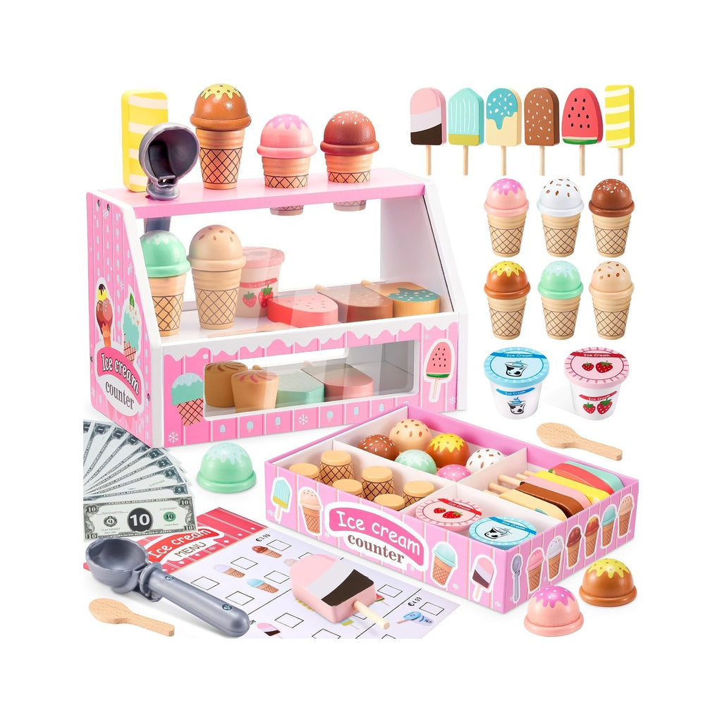 Wooden Ice Cream Counter Playset for Toddler Girl Toys, Play Store Pretend Toy Food Play Kitchen Accessories with Fake Money & Coin, Christmas Birthday Gifts for 3+ Year Old Kids (Pink)