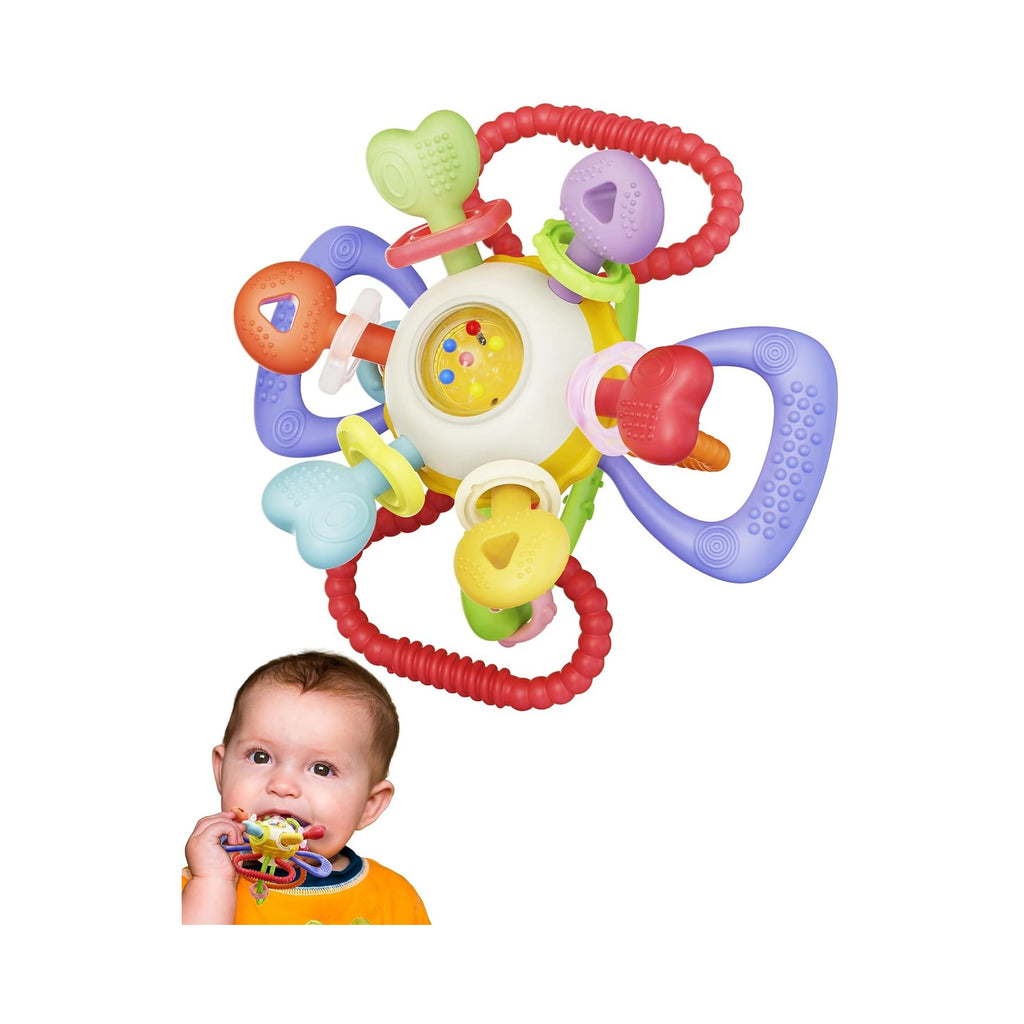 Baby Montessori Sensory Teething Toy - Safe, Multi-Functional BPA-Free Silicone Teether for Babies 0-12 Months - Teething Relief & Fun Play with Rattle - Perfect Baby Toys for Boys & Girls