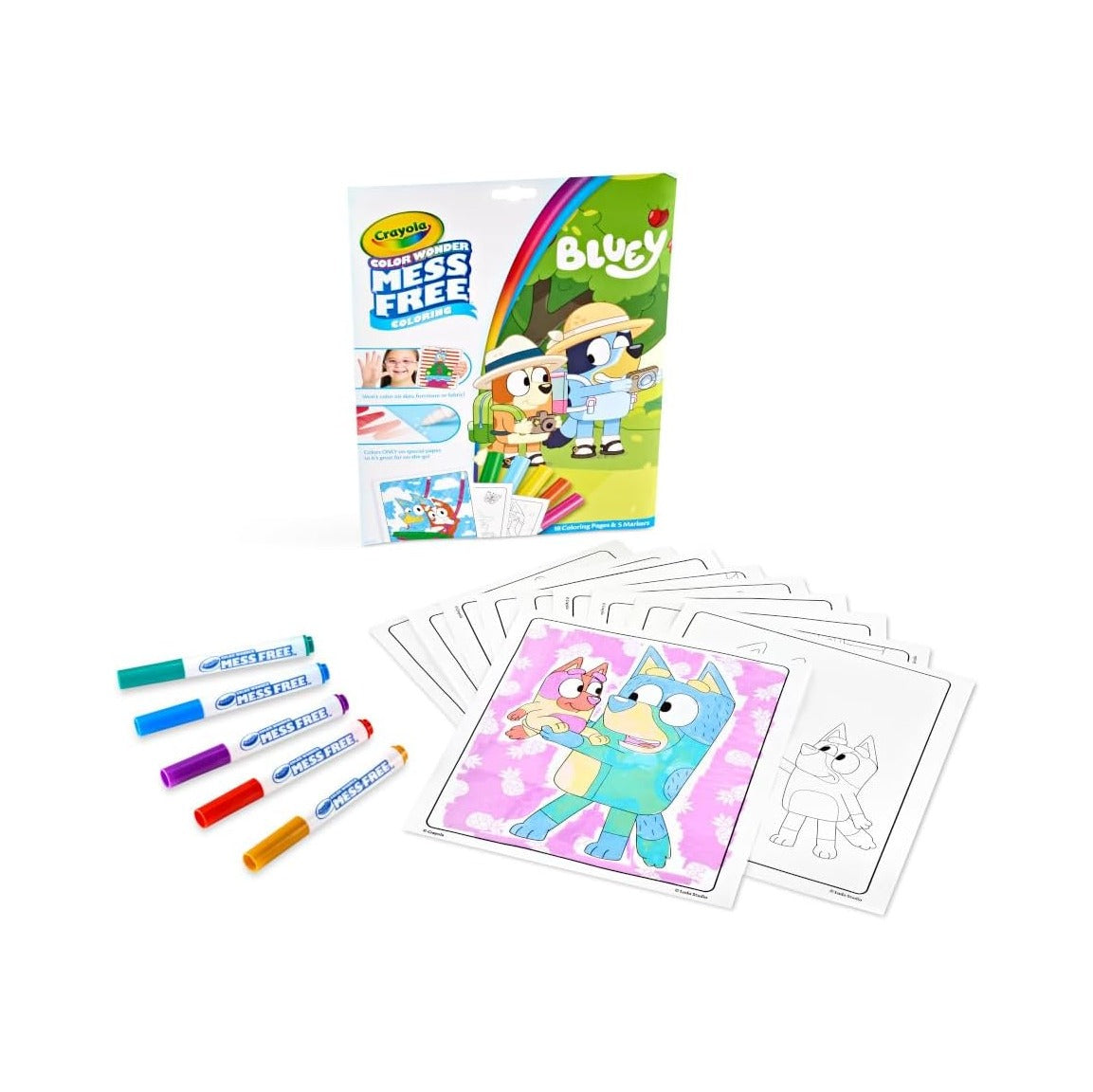 Bluey Color Wonder Coloring Set, 18 Mess Free Toddler Coloring Pages & 5 Markers, Bluey Activity Set for Kids, Gift for Toddlers, Ages 3+