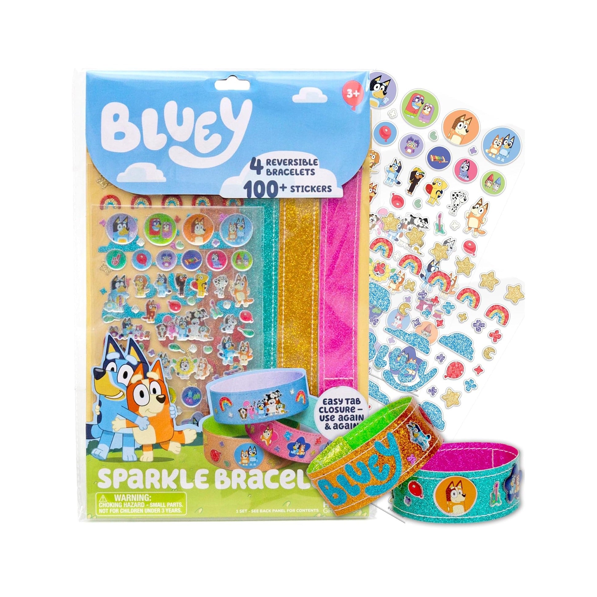 Sparkle Bracelet Making Kit, 4 Reversible Bracelets with Easy Closure, 100+ Traditional and Puffy Resin Stickers, DIY Bluey Jewelry, Arts and Crafts for Kids Age 8-12, Toddler Gifts