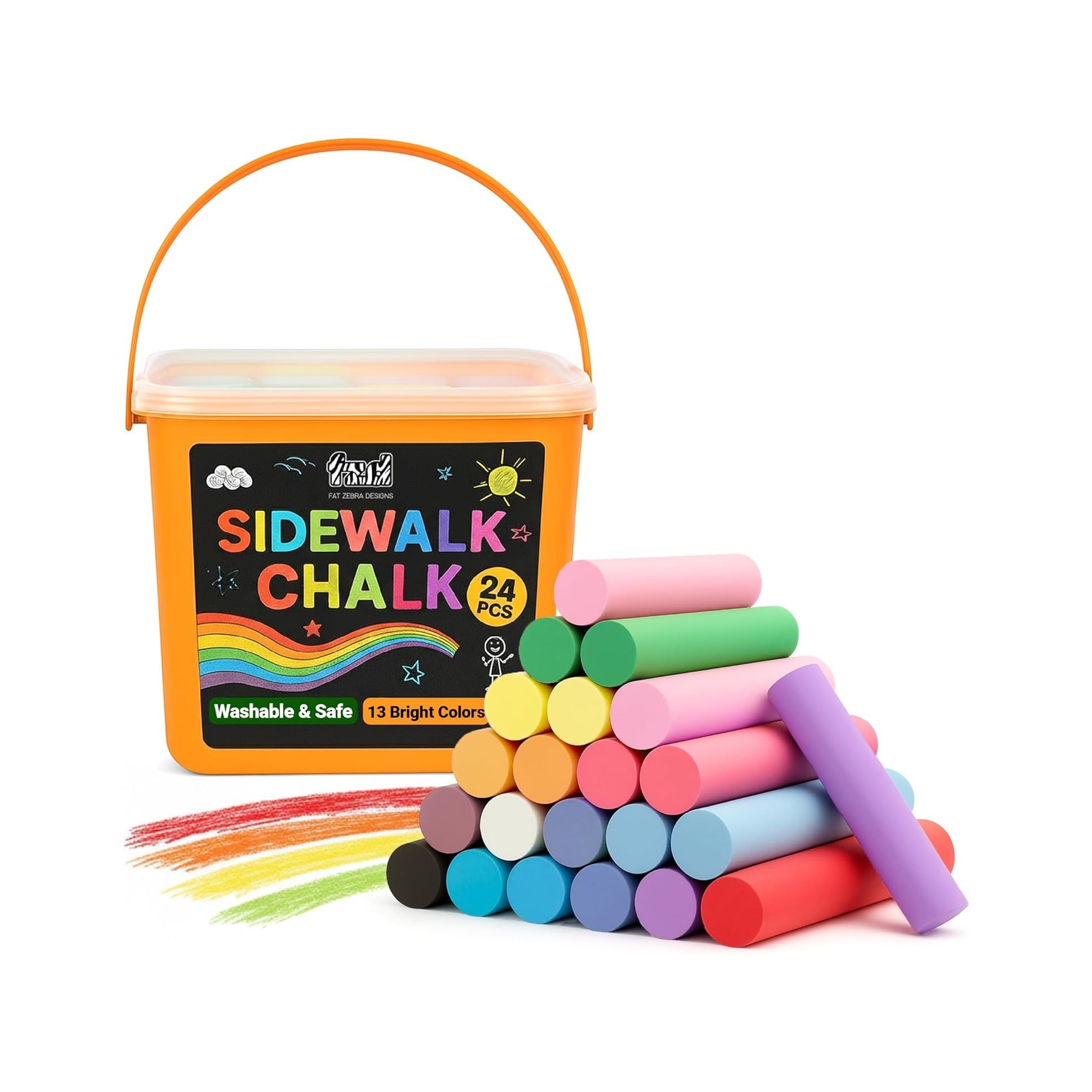24 PCS Sidewalk Chalk for Kids - 13 Colors Bucket - Non-Toxic Washable Jumbo Chalks - Bulk Colored Set for Kids & Toddlers Outdoor Play, Chalkboard Art - Easy Carry & Mess-Free Storage
