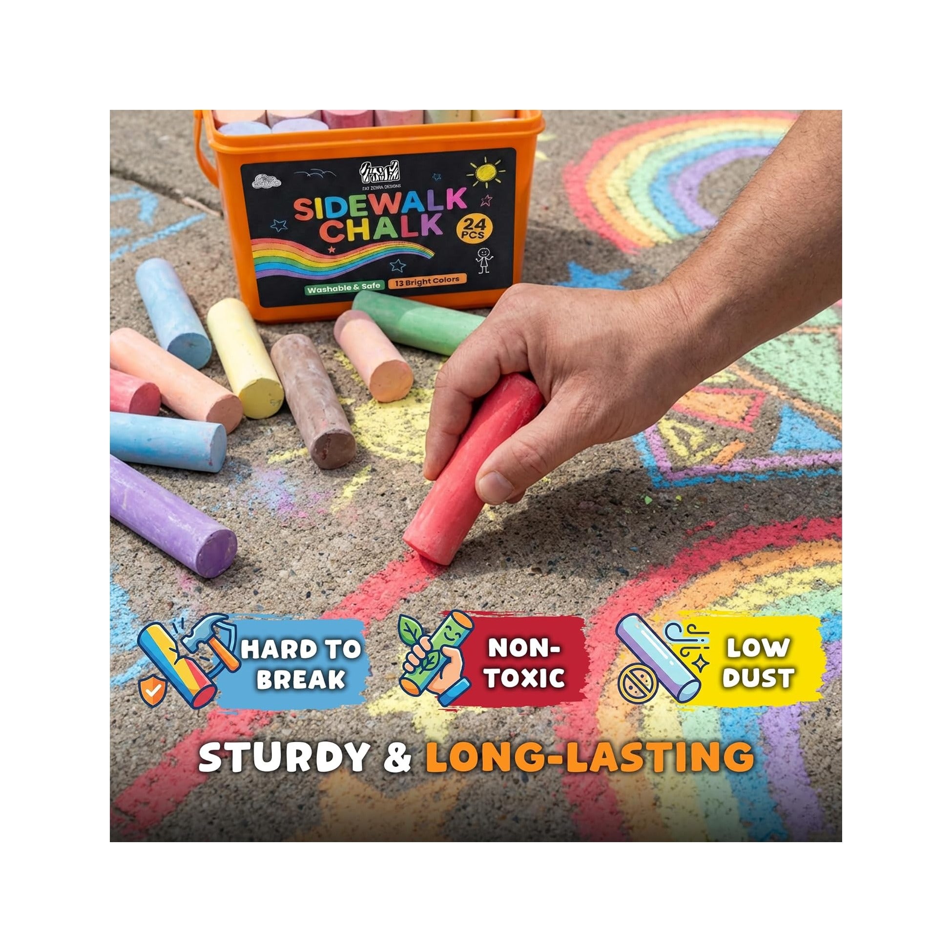 24 PCS Sidewalk Chalk for Kids - 13 Colors Bucket - Non-Toxic Washable Jumbo Chalks - Bulk Colored Set for Kids & Toddlers Outdoor Play, Chalkboard Art - Easy Carry & Mess-Free Storage