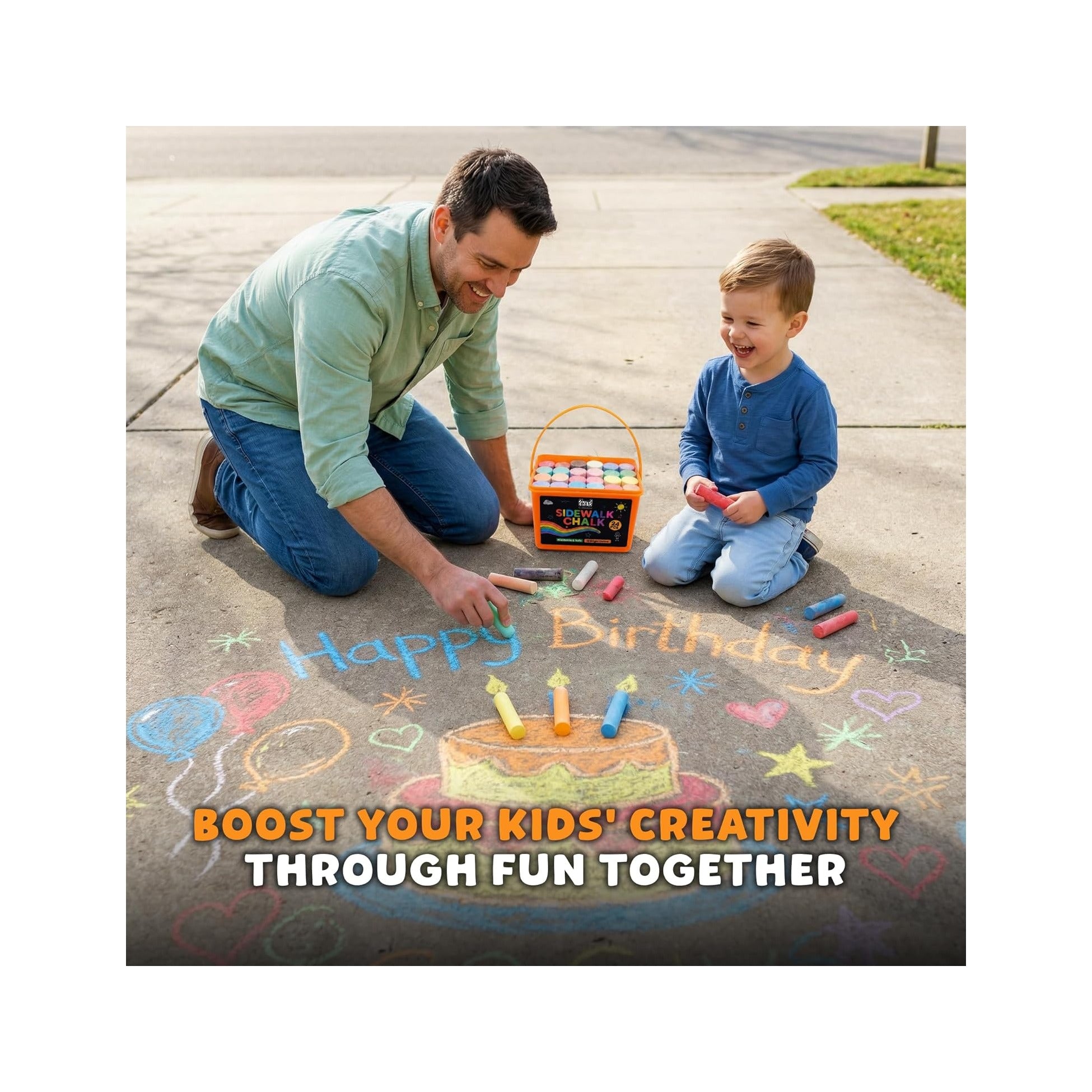 24 PCS Sidewalk Chalk for Kids - 13 Colors Bucket - Non-Toxic Washable Jumbo Chalks - Bulk Colored Set for Kids & Toddlers Outdoor Play, Chalkboard Art - Easy Carry & Mess-Free Storage