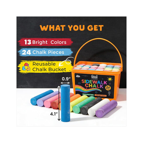 24 PCS Sidewalk Chalk for Kids - 13 Colors Bucket - Non-Toxic Washable Jumbo Chalks - Bulk Colored Set for Kids & Toddlers Outdoor Play, Chalkboard Art - Easy Carry & Mess-Free Storage