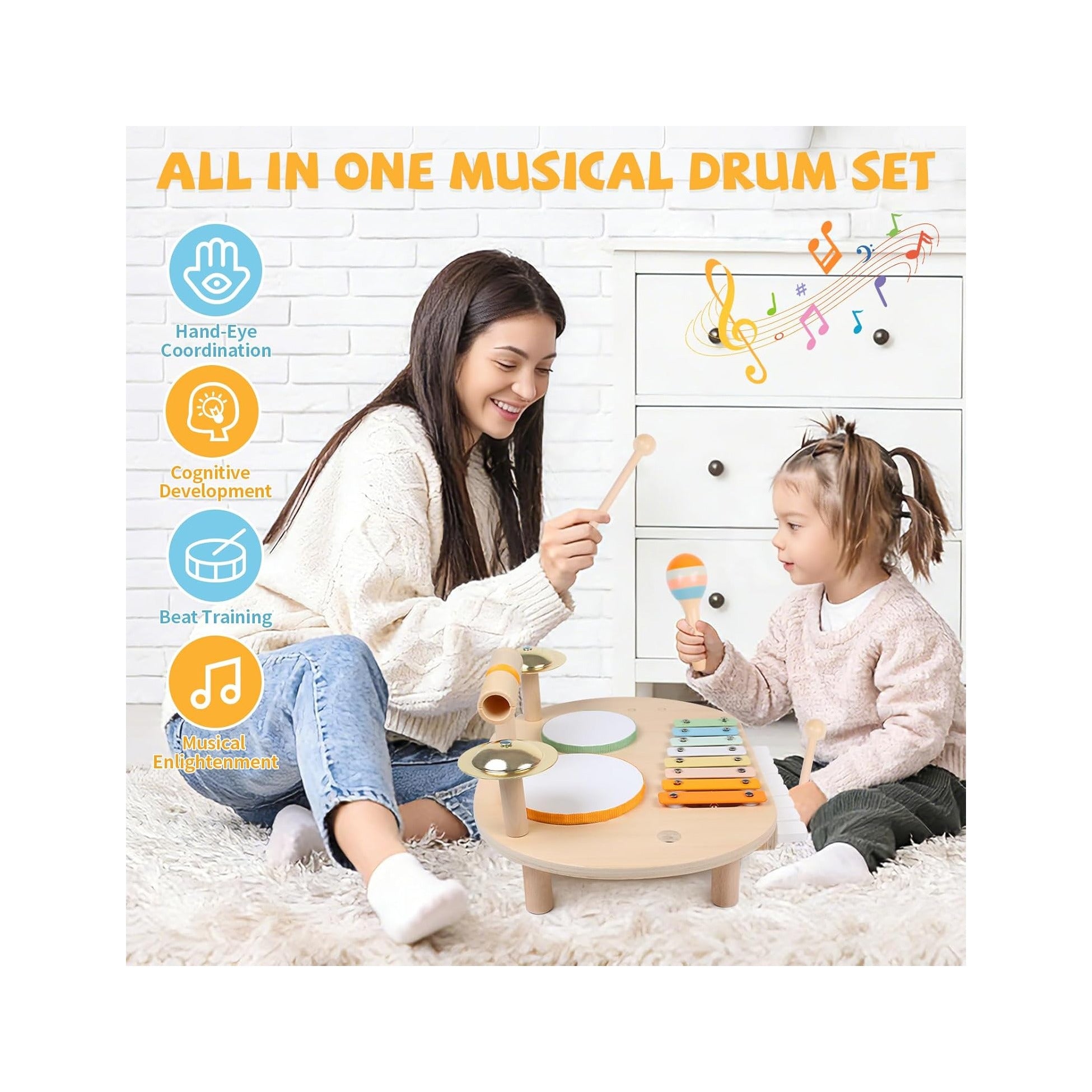 Toddler Drum Set for Kids, Wooden Montessori Toys for 2 Year Old, Baby Musical Instruments Percussion Set with Xylophone, Toddler Gifts for 2 3 4 Year Old Girls Boys Kids