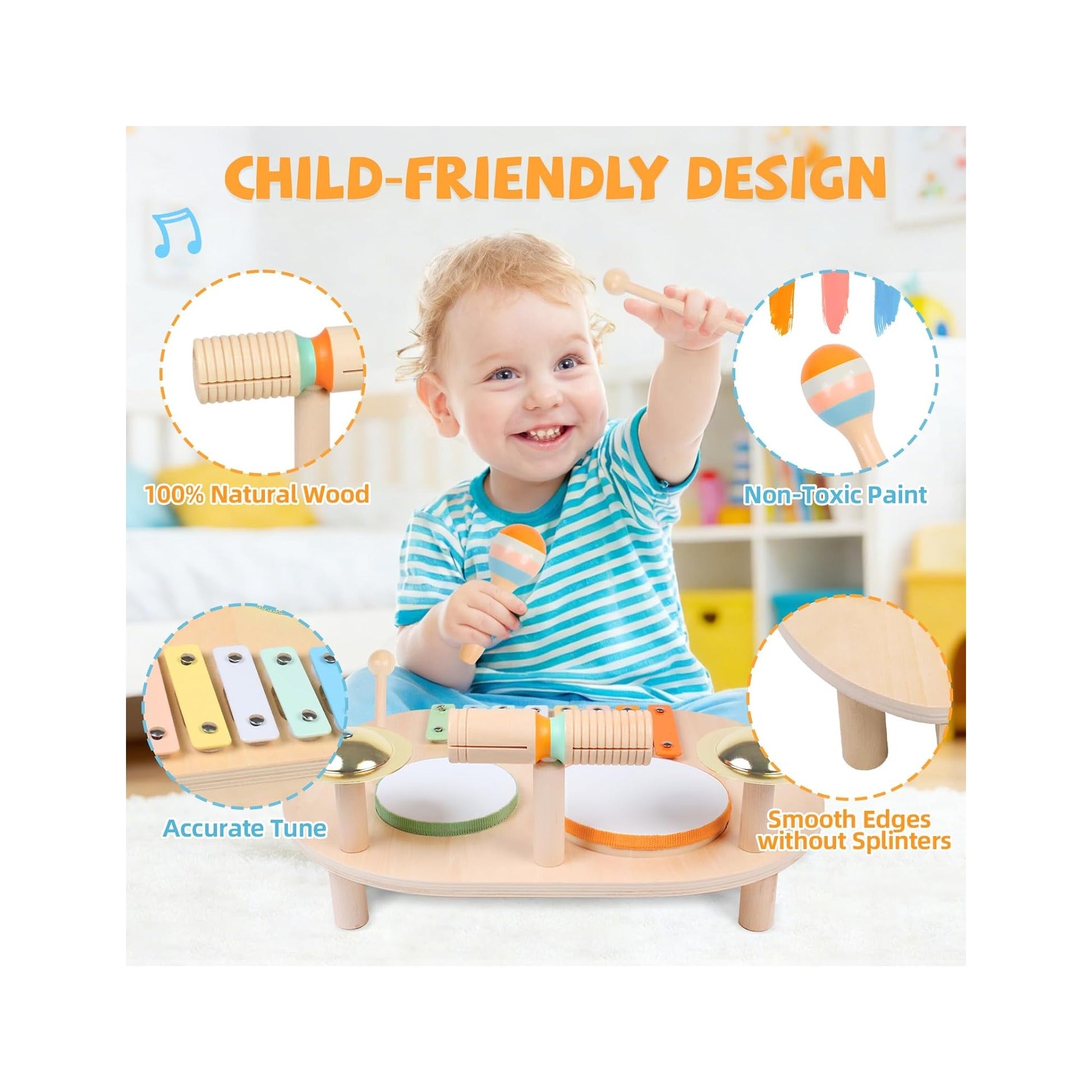 Toddler Drum Set for Kids, Wooden Montessori Toys for 2 Year Old, Baby Musical Instruments Percussion Set with Xylophone, Toddler Gifts for 2 3 4 Year Old Girls Boys Kids