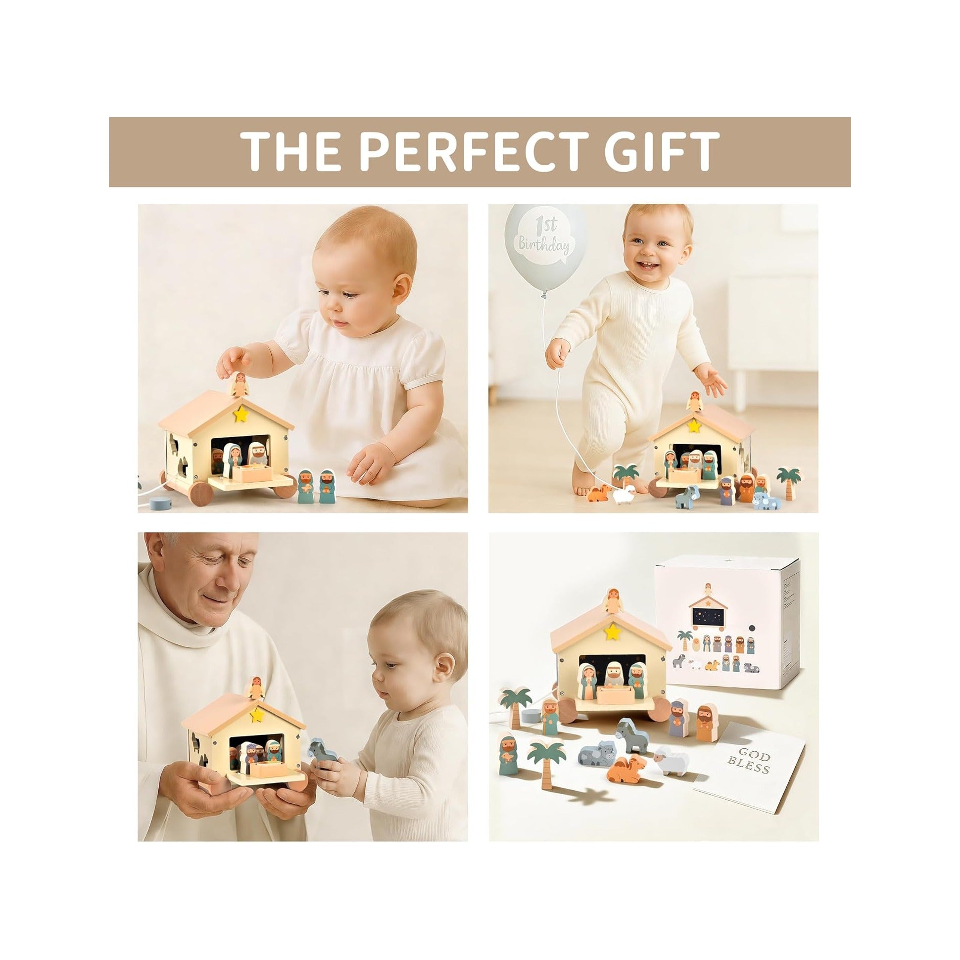 Wooden Nativity Set Montessori Toys for 1 Year Old - Christian Easter Gifts for Kids - Jesus Easter Basket Stuffers - Religious Baptism Gift - Pull Along Wagon Shape Sorter Toddlers