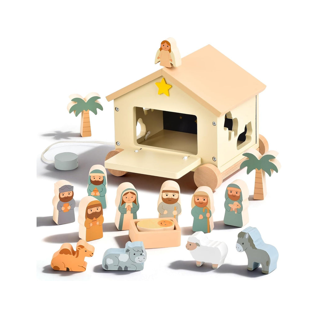 Wooden Nativity Set Montessori Toys for 1 Year Old - Christian Easter Gifts for Kids - Jesus Easter Basket Stuffers - Religious Baptism Gift - Pull Along Wagon Shape Sorter Toddlers