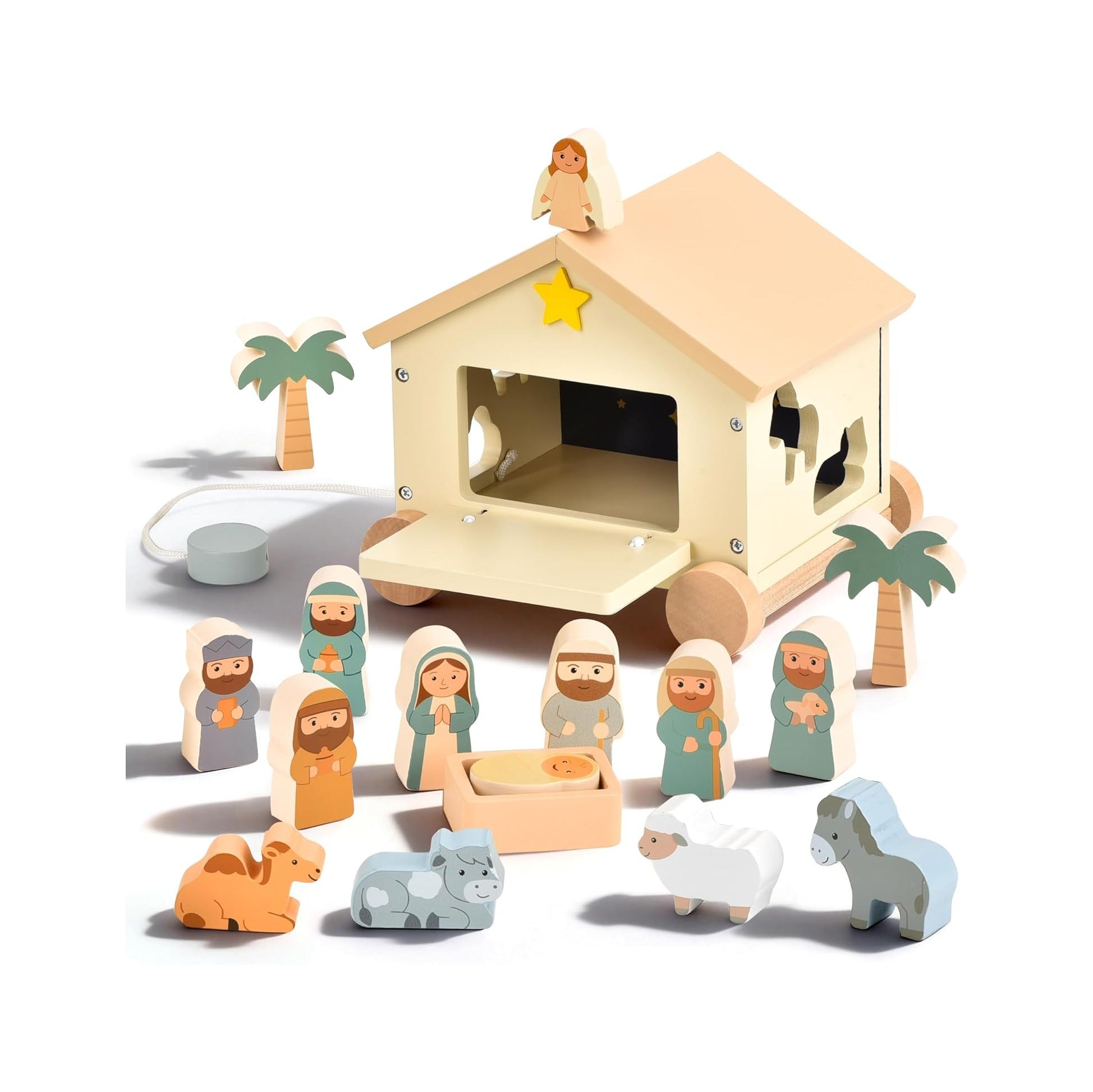 Wooden Nativity Set Montessori Toys for 1 Year Old - Christian Easter Gifts for Kids - Jesus Easter Basket Stuffers - Religious Baptism Gift - Pull Along Wagon Shape Sorter Toddlers