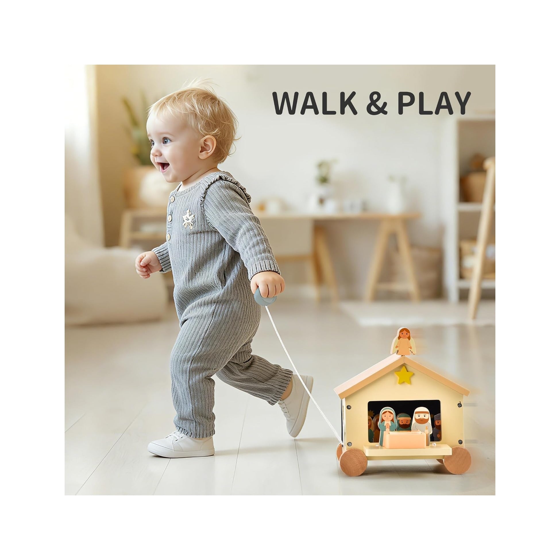 Wooden Nativity Set Montessori Toys for 1 Year Old - Christian Easter Gifts for Kids - Jesus Easter Basket Stuffers - Religious Baptism Gift - Pull Along Wagon Shape Sorter Toddlers