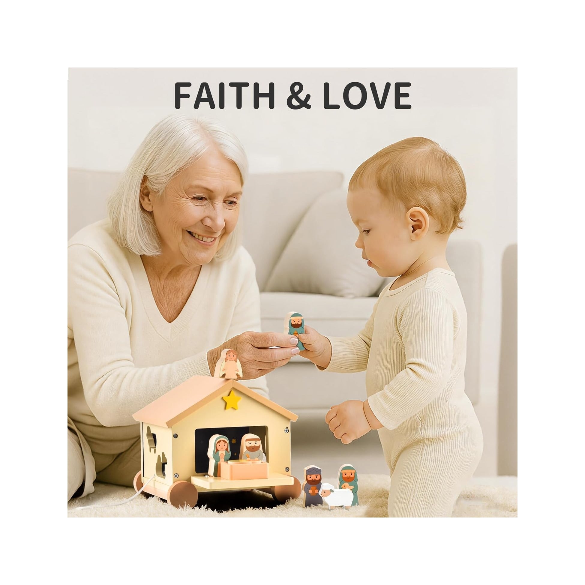 Wooden Nativity Set Montessori Toys for 1 Year Old - Christian Easter Gifts for Kids - Jesus Easter Basket Stuffers - Religious Baptism Gift - Pull Along Wagon Shape Sorter Toddlers