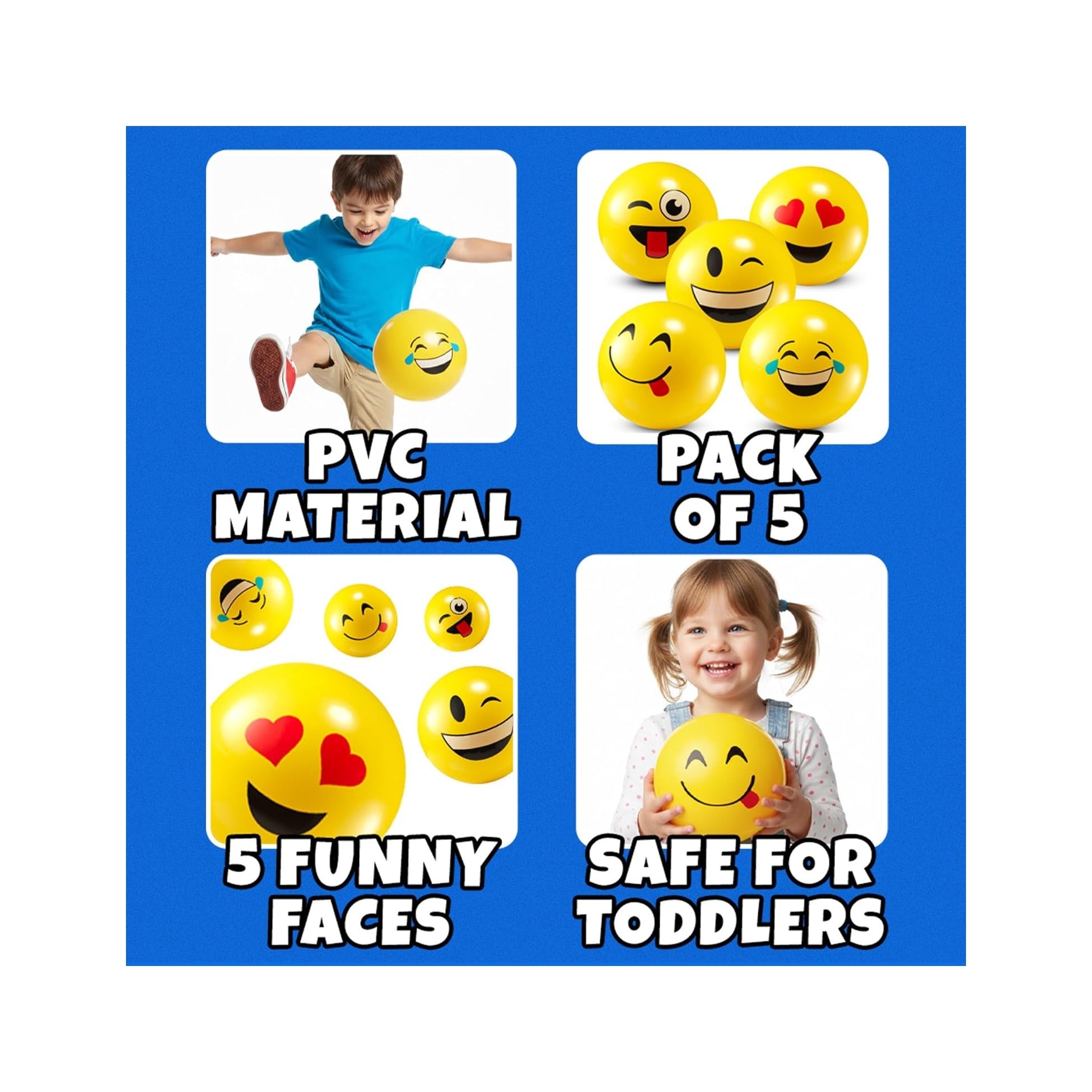 Happy Face Bouncing Balls for Kids & Toddlers (Pack of 5) - Playground Balls w/ 5 Fun Designs - Lightweight Play Bouncy Ball Gifts for Boys & Girls