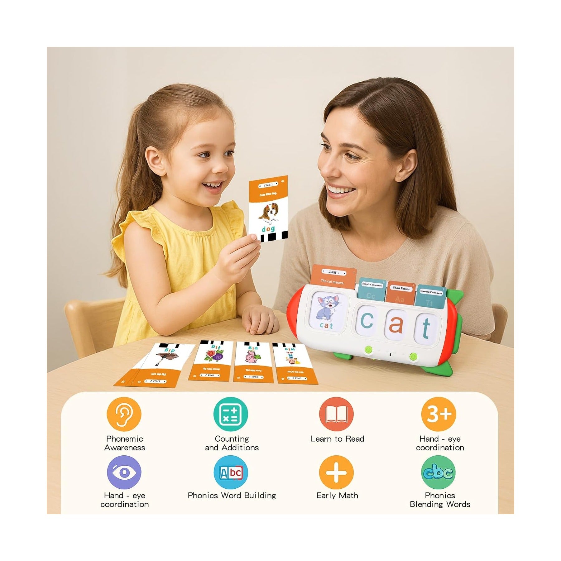 Phonics Flash Cards for Kids 3-8 - Learn to Read, Letter Sounds & Word Blending, Master Math Challenge- Homeschool Classroom Phonemic Awareness Toy, Preschool Kindergarten Learning Activities Gift