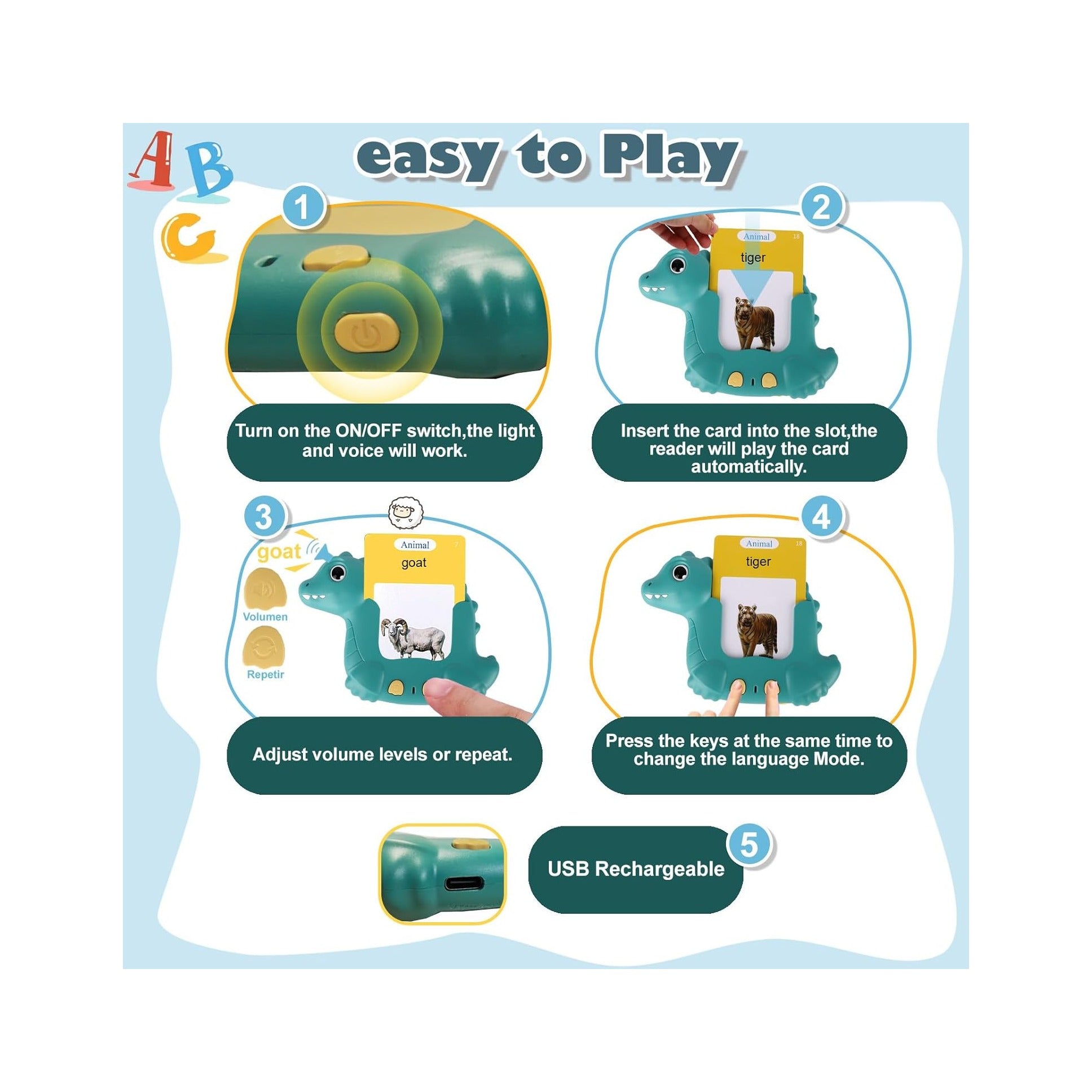 Dinosaur Talking Flash Cards 224 Sight Words for Kids, Audible Educational Interactive Autism Sensory Toys for Toddlers 3-8, Learning Montessori Tool for Girls Boys Gifts Green