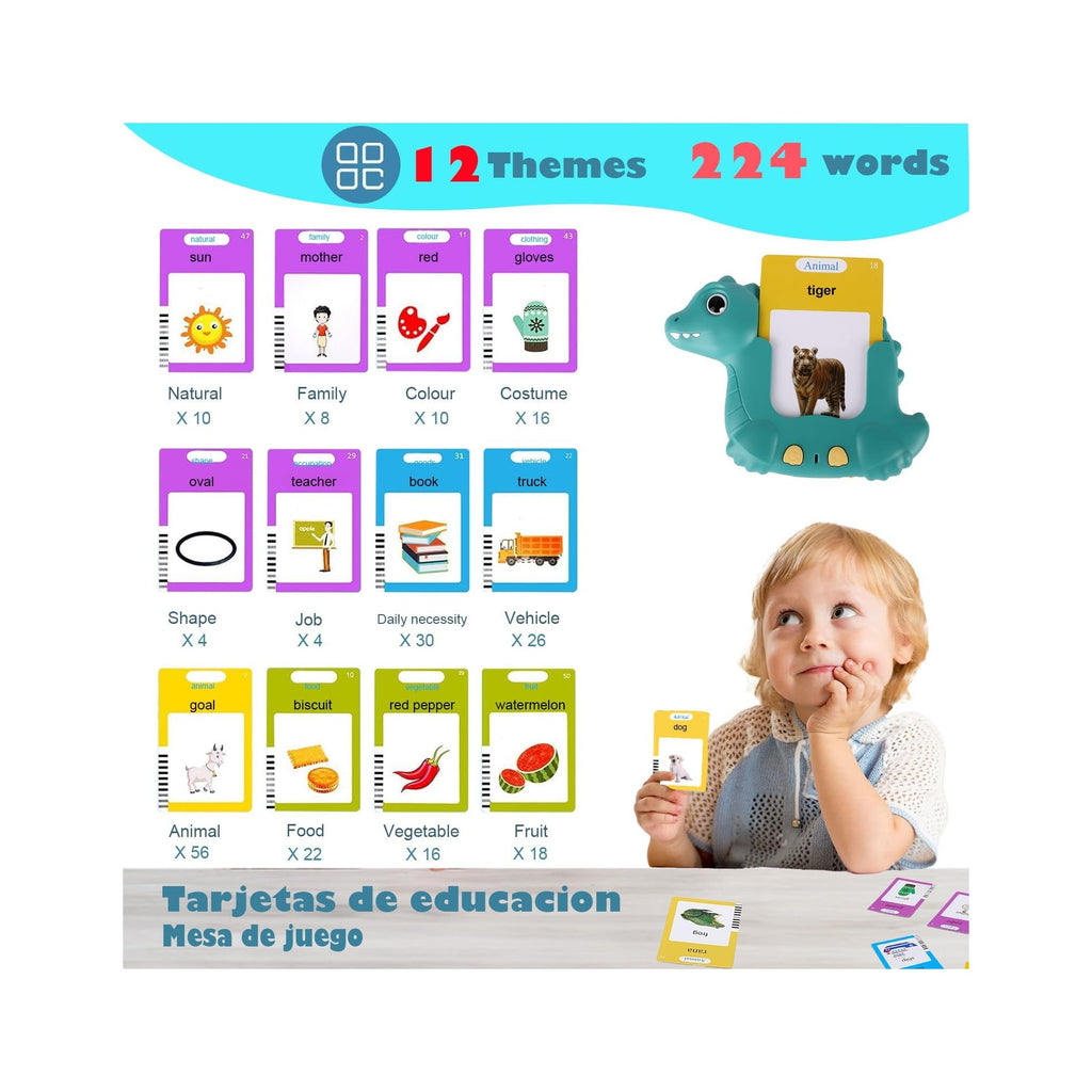 Dinosaur Talking Flash Cards 224 Sight Words for Kids, Audible Educational Interactive Autism Sensory Toys for Toddlers 3-8, Learning Montessori Tool for Girls Boys Gifts Green