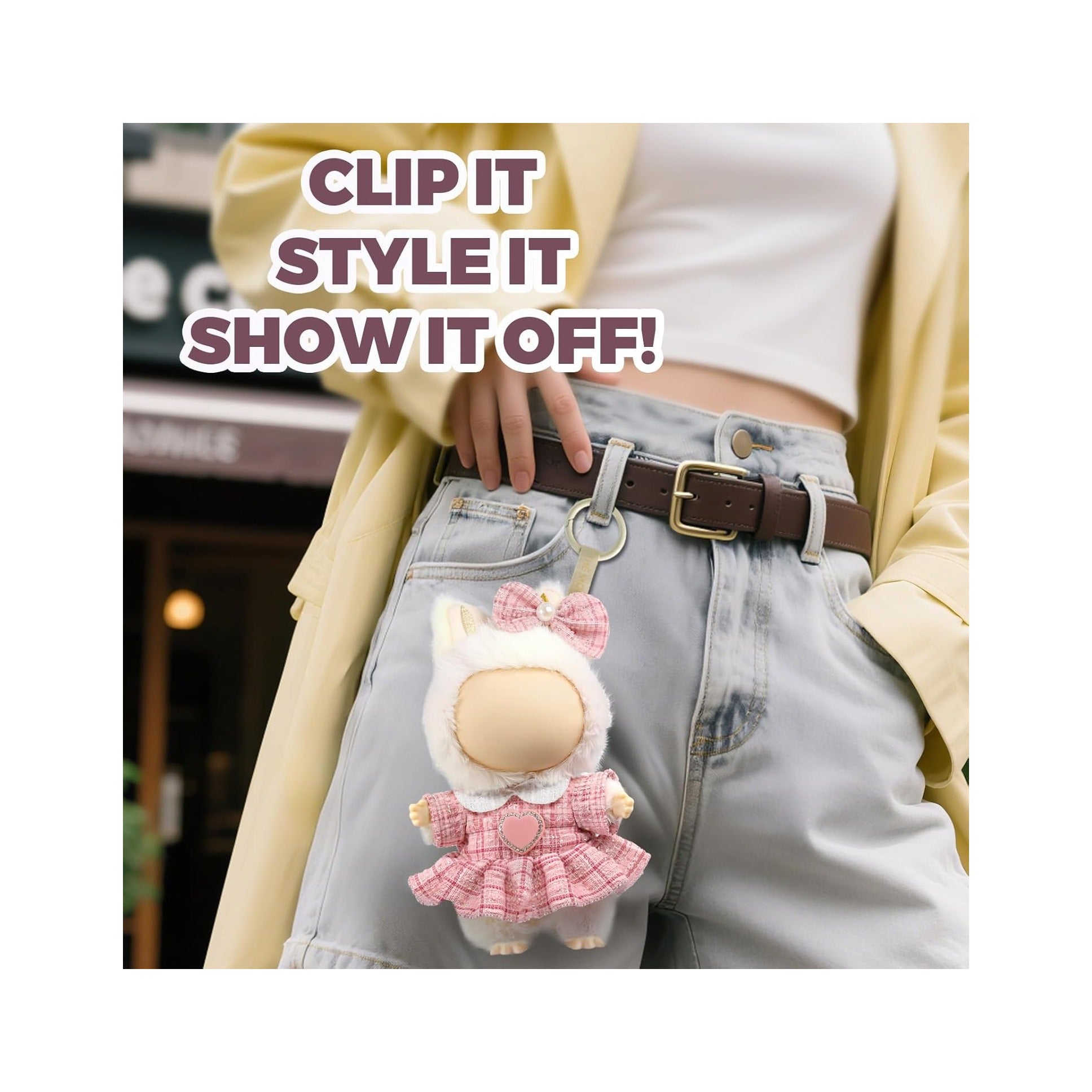 Clothes for LABUBU Doll (NO Doll), Luxury Chic Style 2-Piece Accessories for LABUBU 17cm Dolls, Premium Fashion Outfits for LABUBU - Bow Headdress + Plaid Tweed Dress
