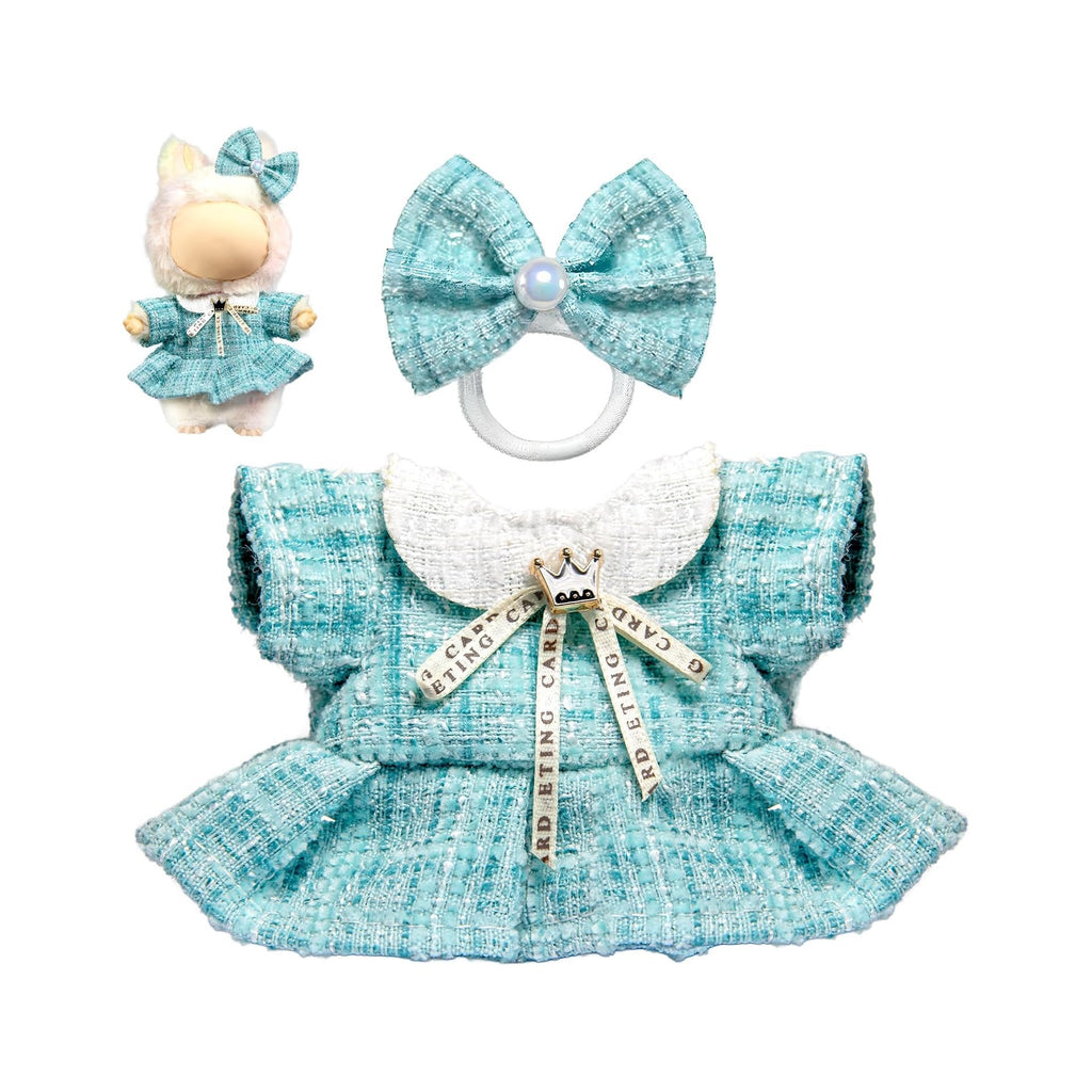Clothes for LABUBU Doll (NO Doll), Luxury Chic Style 2-Piece Accessories for LABUBU 17cm Dolls, Premium Fashion Outfits for LABUBU - Bow Headdress + Plaid Tweed Dress
